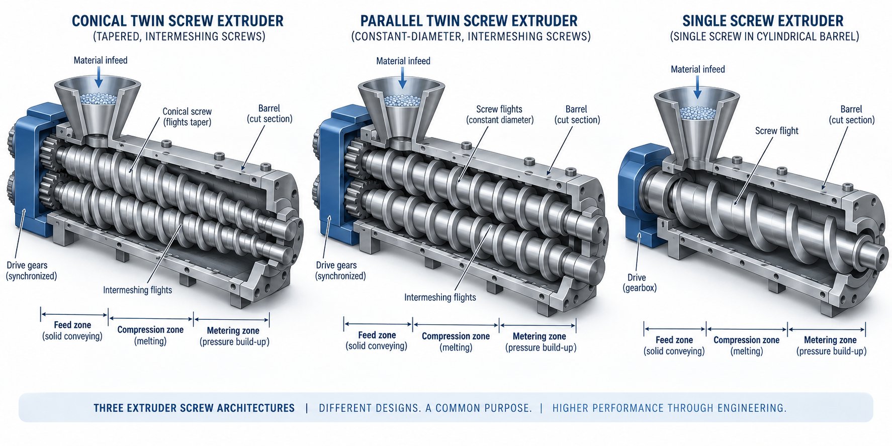 three screw barrel architectures compared conical twin parallel twin and single screw