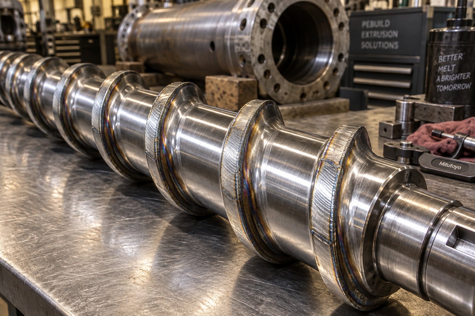 a professionally rebuilt extruder screw with restored flight surfaces ready for reinstallation