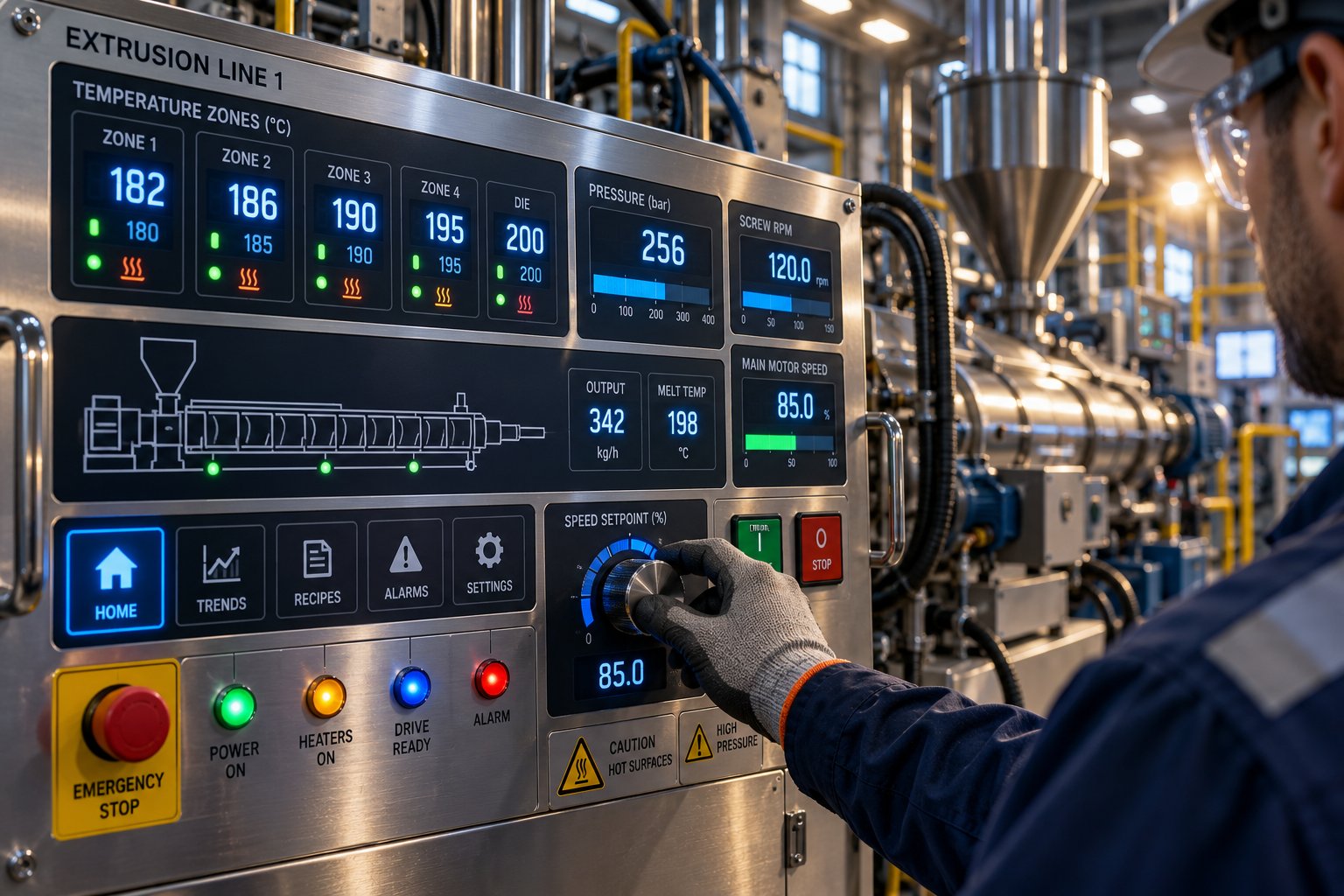 digital control panel monitoring critical extrusion parameters like temperature pressure and motor speed