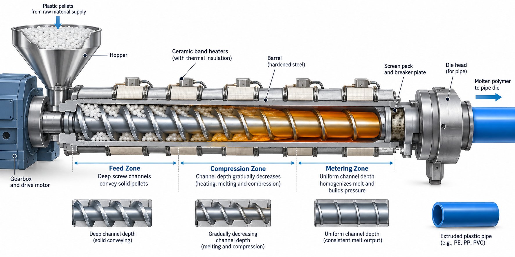 cutaway view of a single screw extruder showing feed compression and metering zones inside the barrel