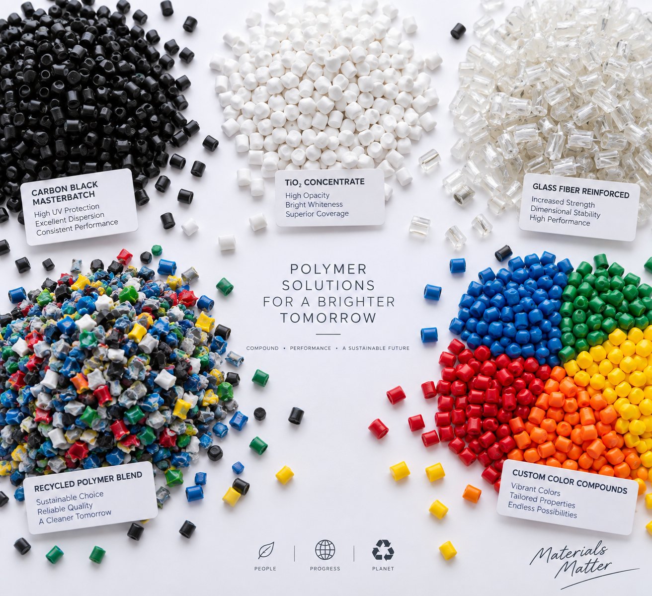 diverse polymer compound pellets produced on parallel twin screw extruders including masterbatch engineering plastics and recycled blends