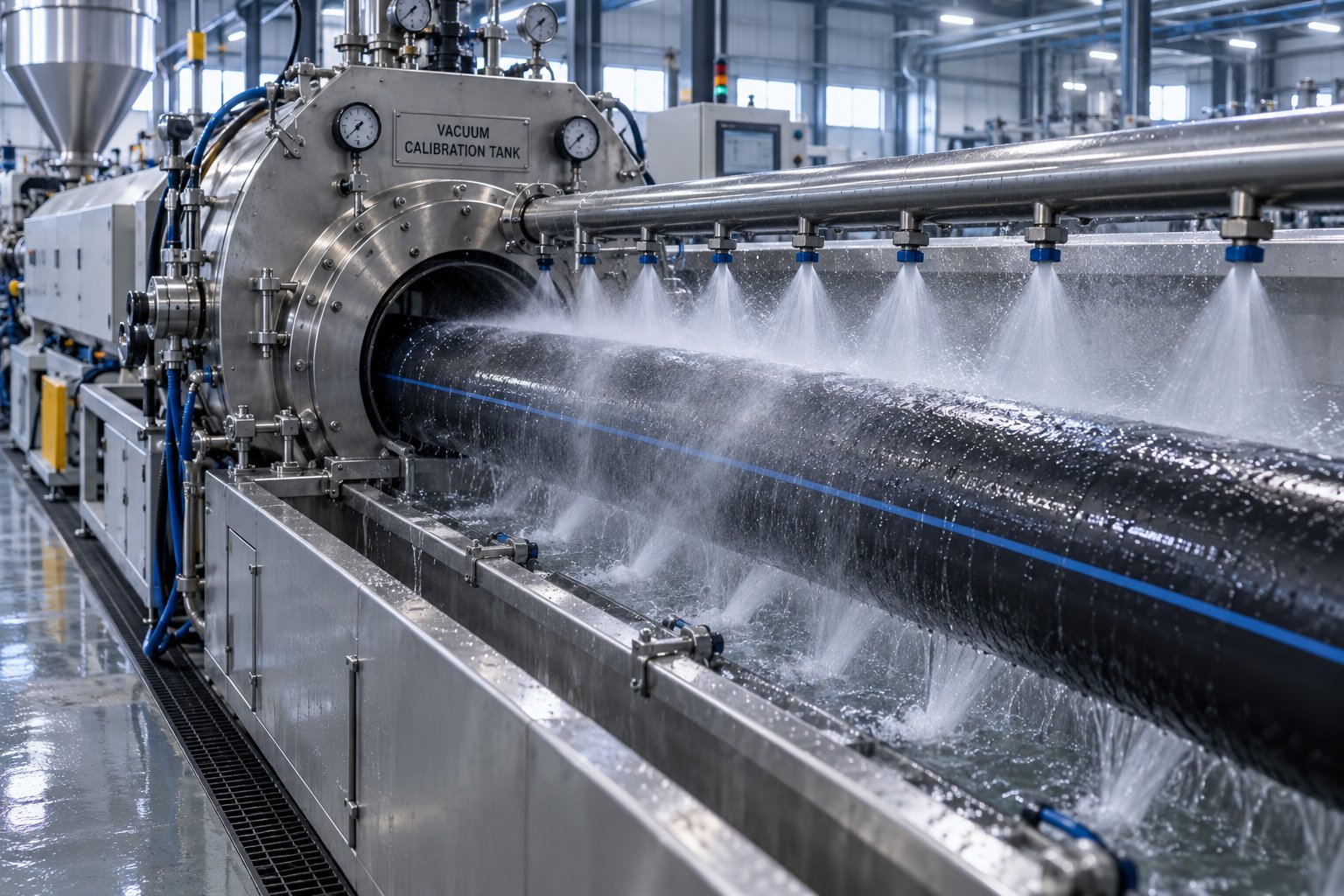 vacuum calibration and spray cooling tanks stabilizing pipe dimensions on an hdpe extrusion line