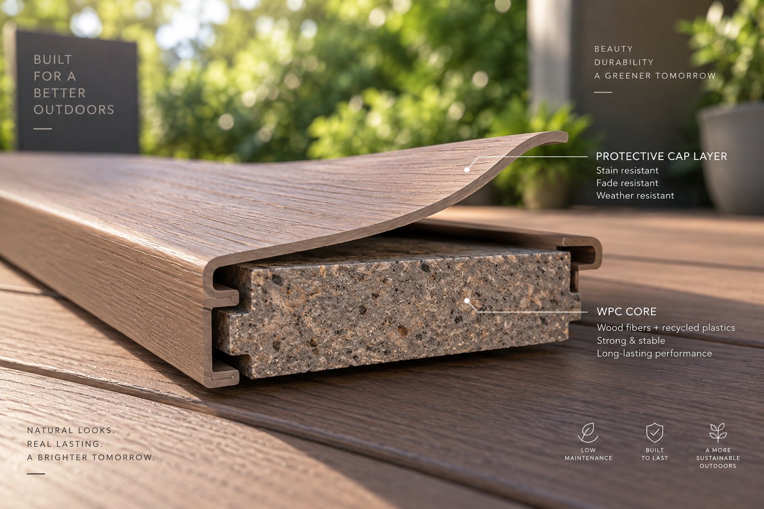 co extruded wpc profile showing the protective polymer cap layer bonded over the wood plastic composite core