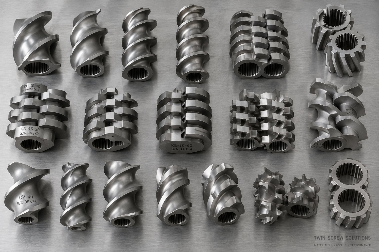 assorted conveying elements kneading blocks and mixing elements used in parallel twin screw extruder configurations