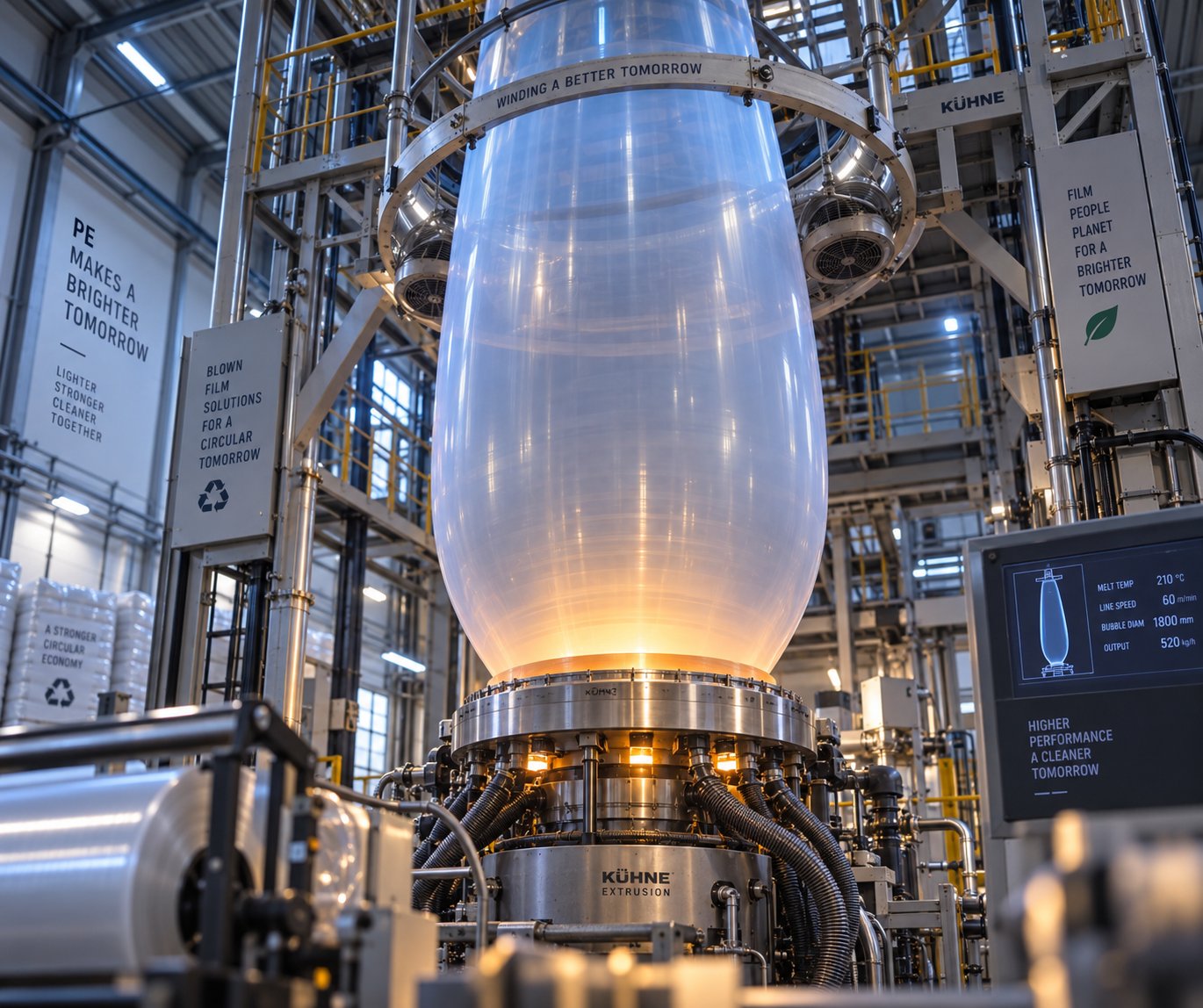 a blown film extrusion line in operation where the bubble's behavior reveals critical clues about process stability and film quality