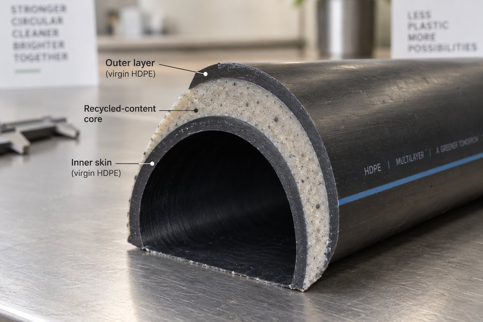 cross section of a multilayer co extruded hdpe pipe showing distinct inner core and outer layers