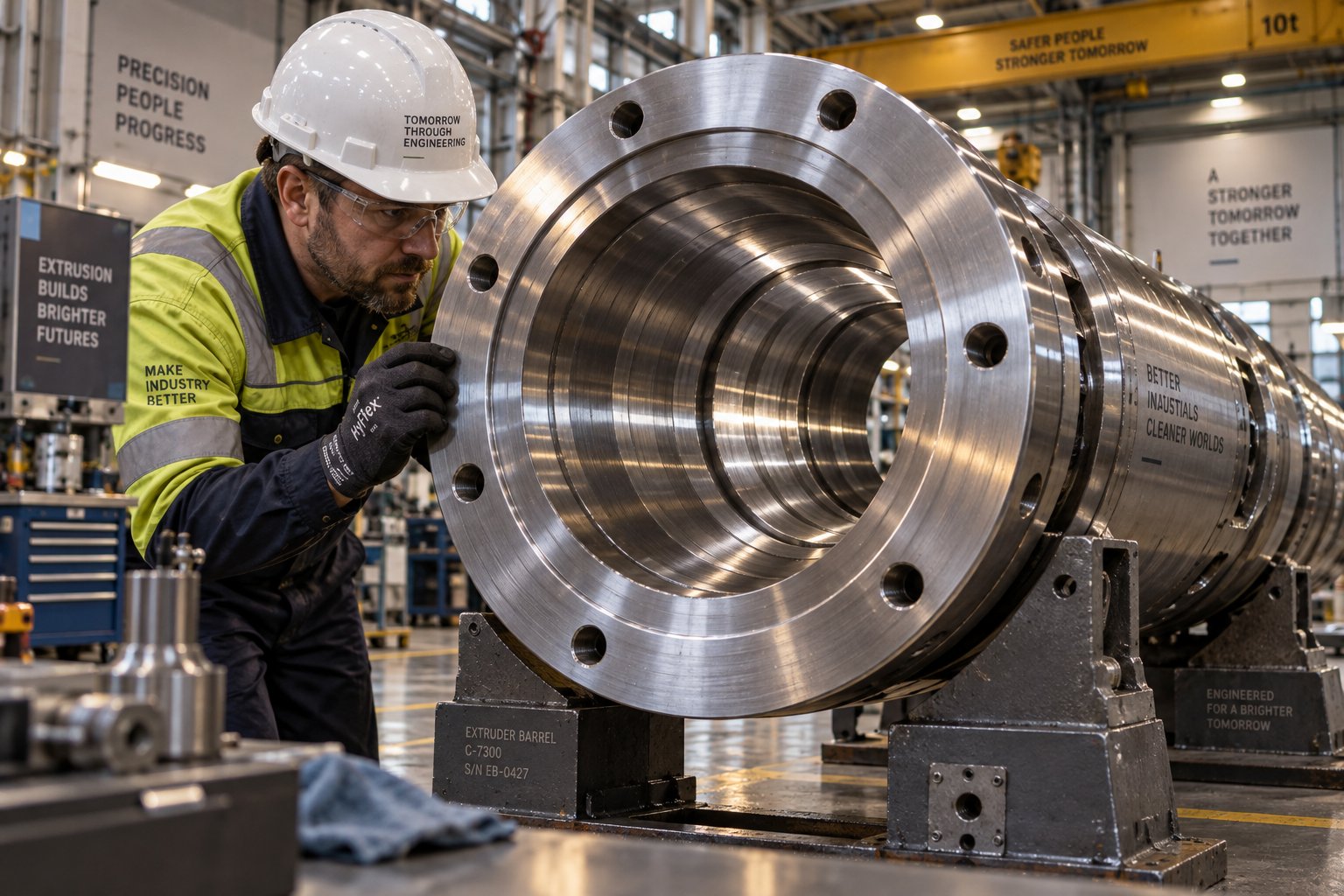 a maintenance engineer inspects the bore of an extruder barrel during a scheduled wear assessment in an industrial workshop