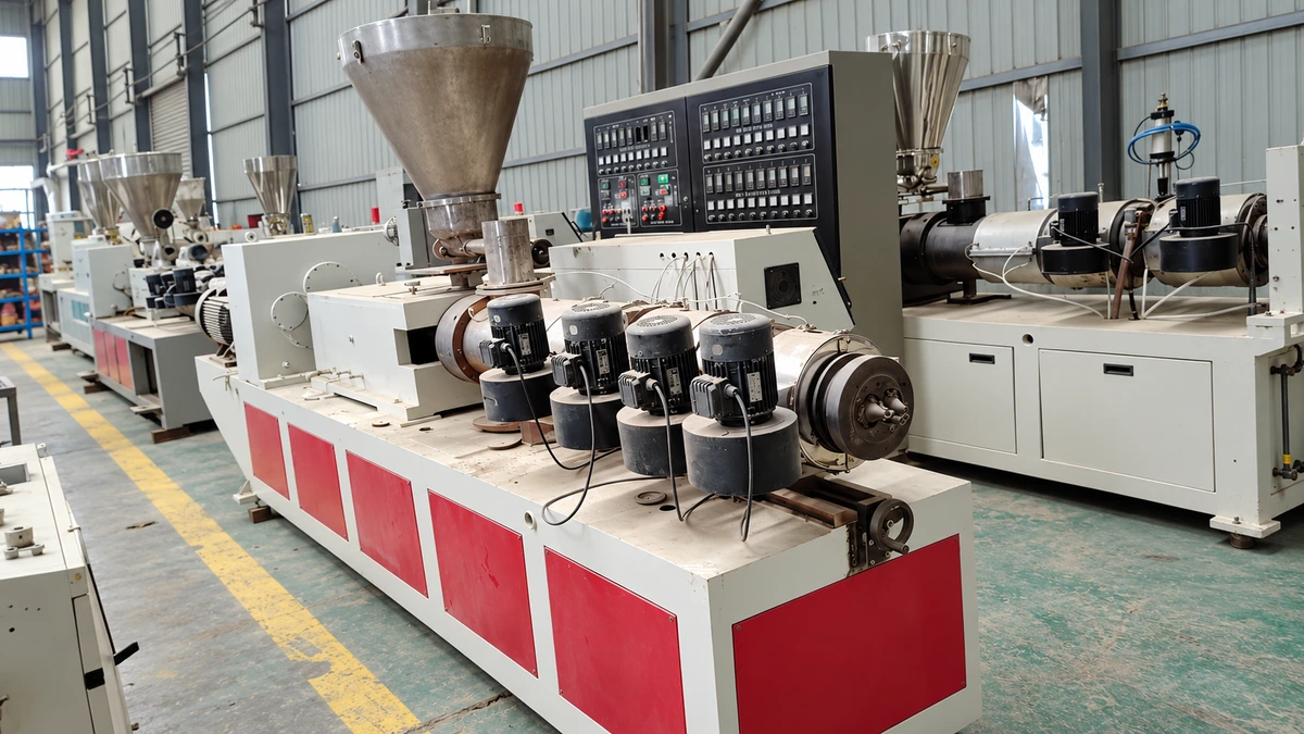 White and red extrusion machine with barrel cooling motors, hopper and control console