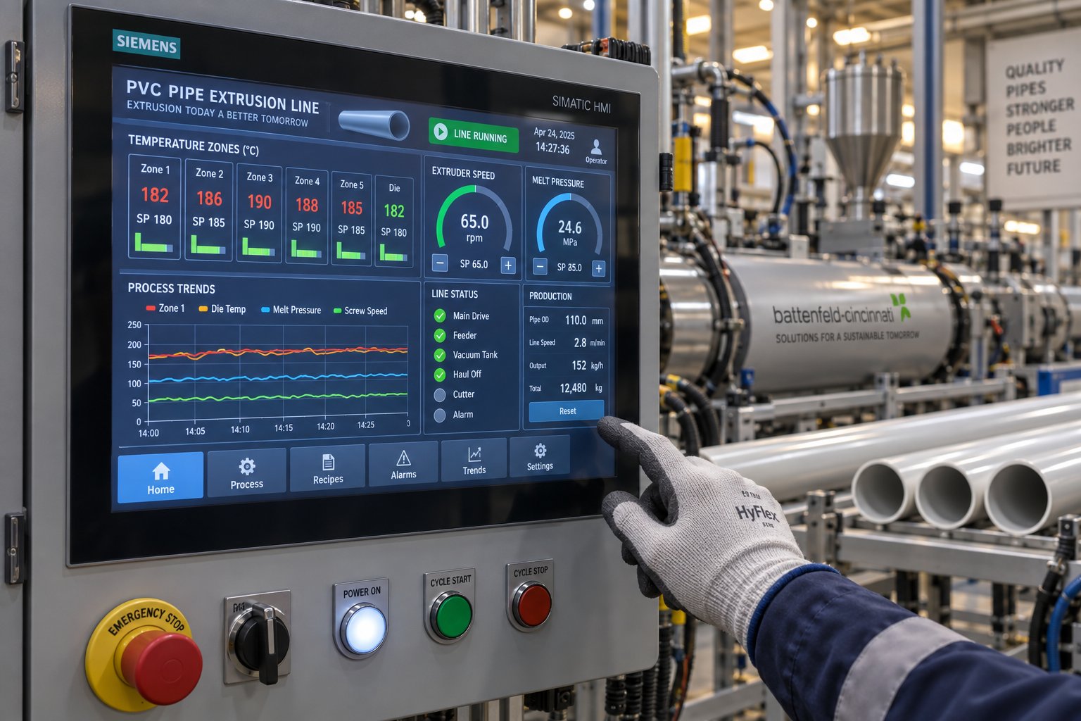 plc and hmi touch screen control panel on a fully automated pvc conduit pipe extrusion line