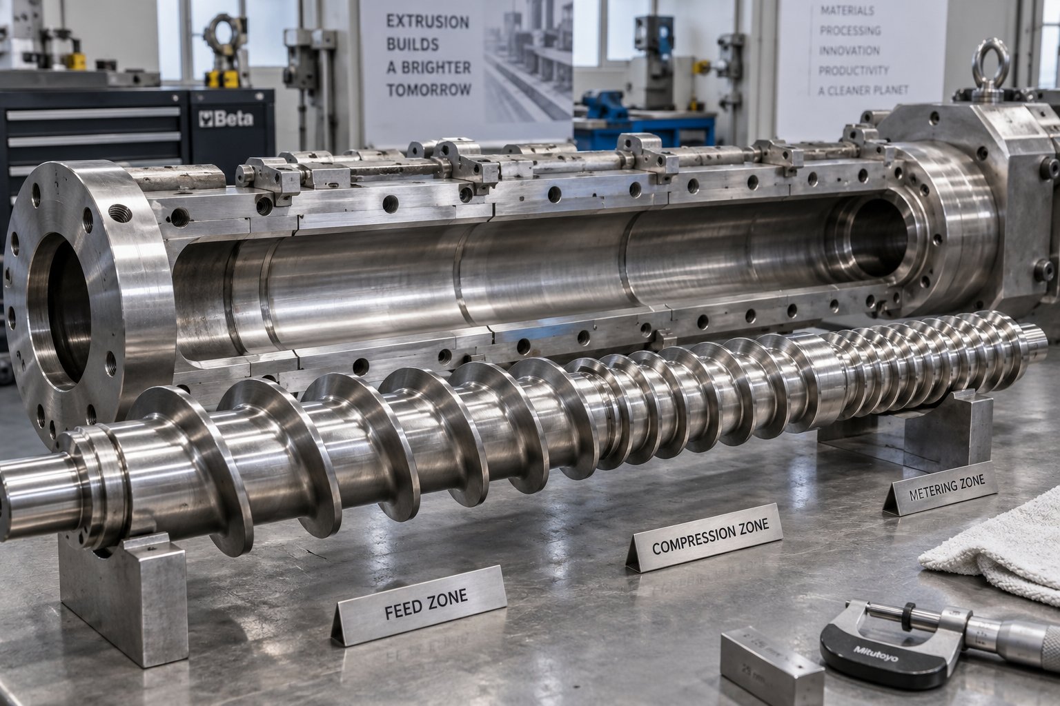 single screw extruder barrel assembly showing screw geometry critical to hdpe pipe melt quality