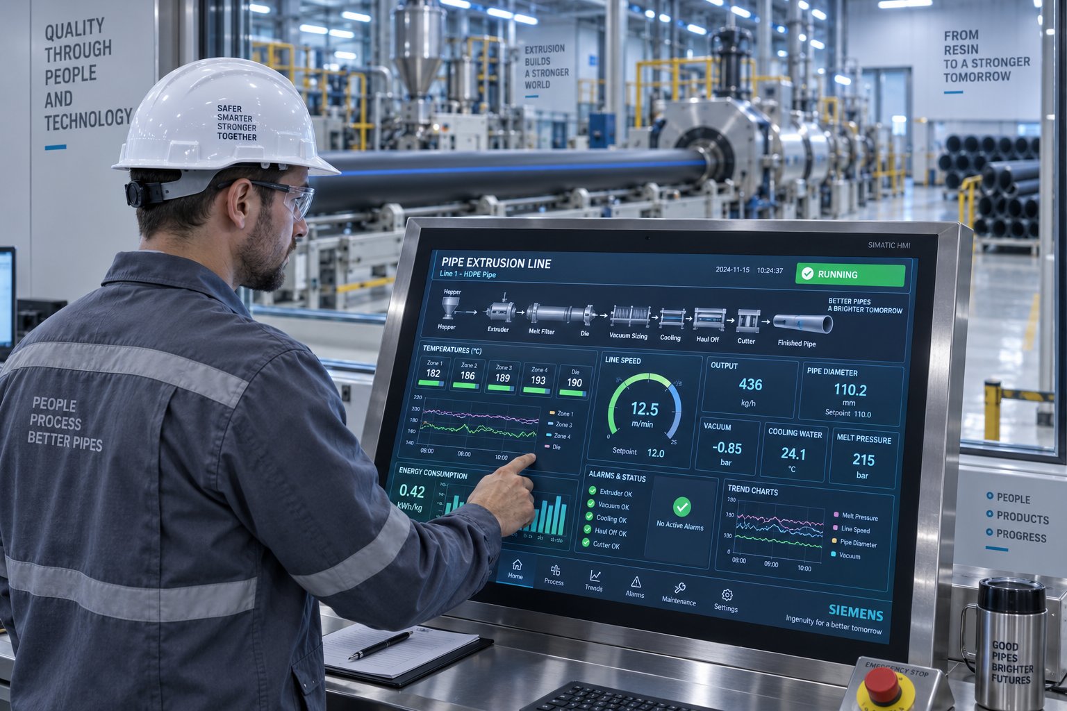operator monitoring a fully automatic hdpe pipe extrusion line via a plc hmi touchscreen control panel