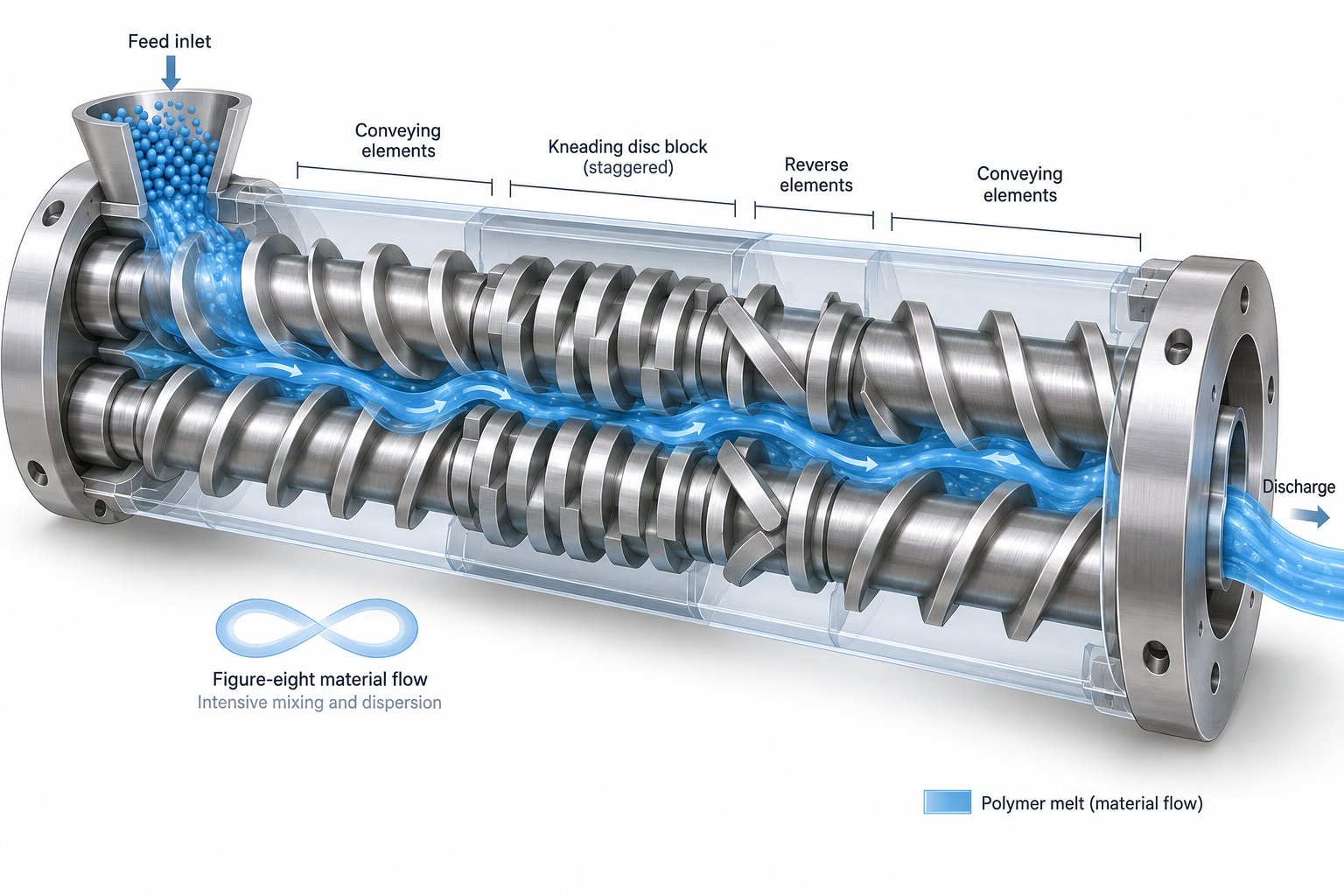 cutaway view of co rotating twin screws showing intermeshing geometry modular elements and the self wiping figure eight flow path