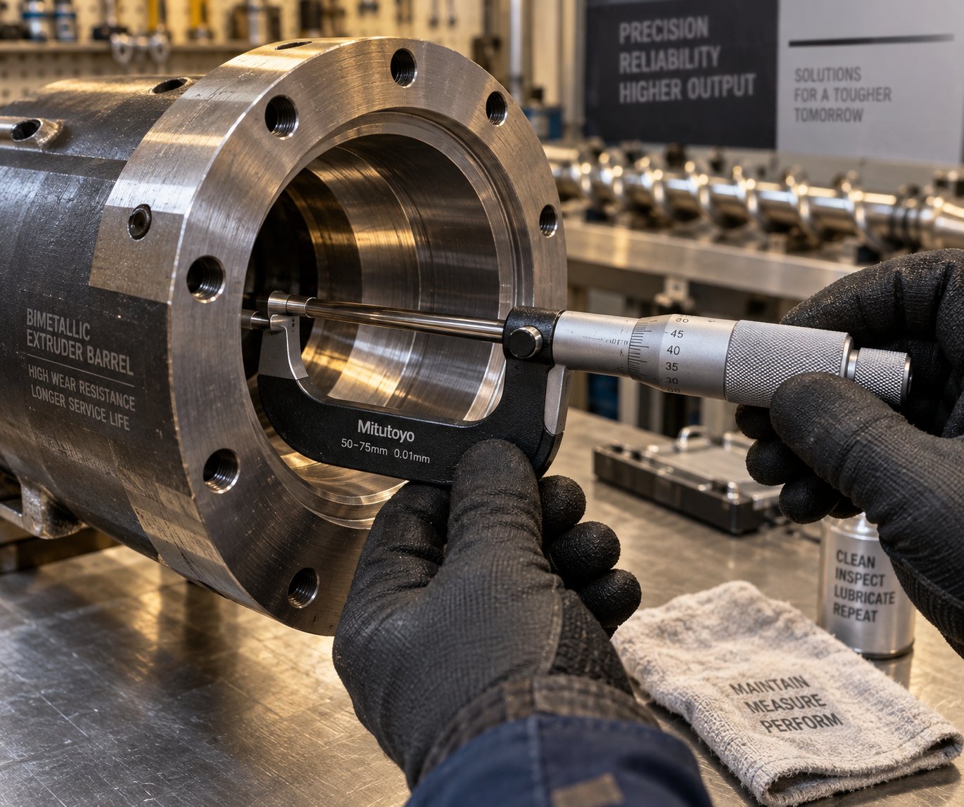 a technician measuring extruder barrel bore diameter during routine screw and barrel maintenance inspection
