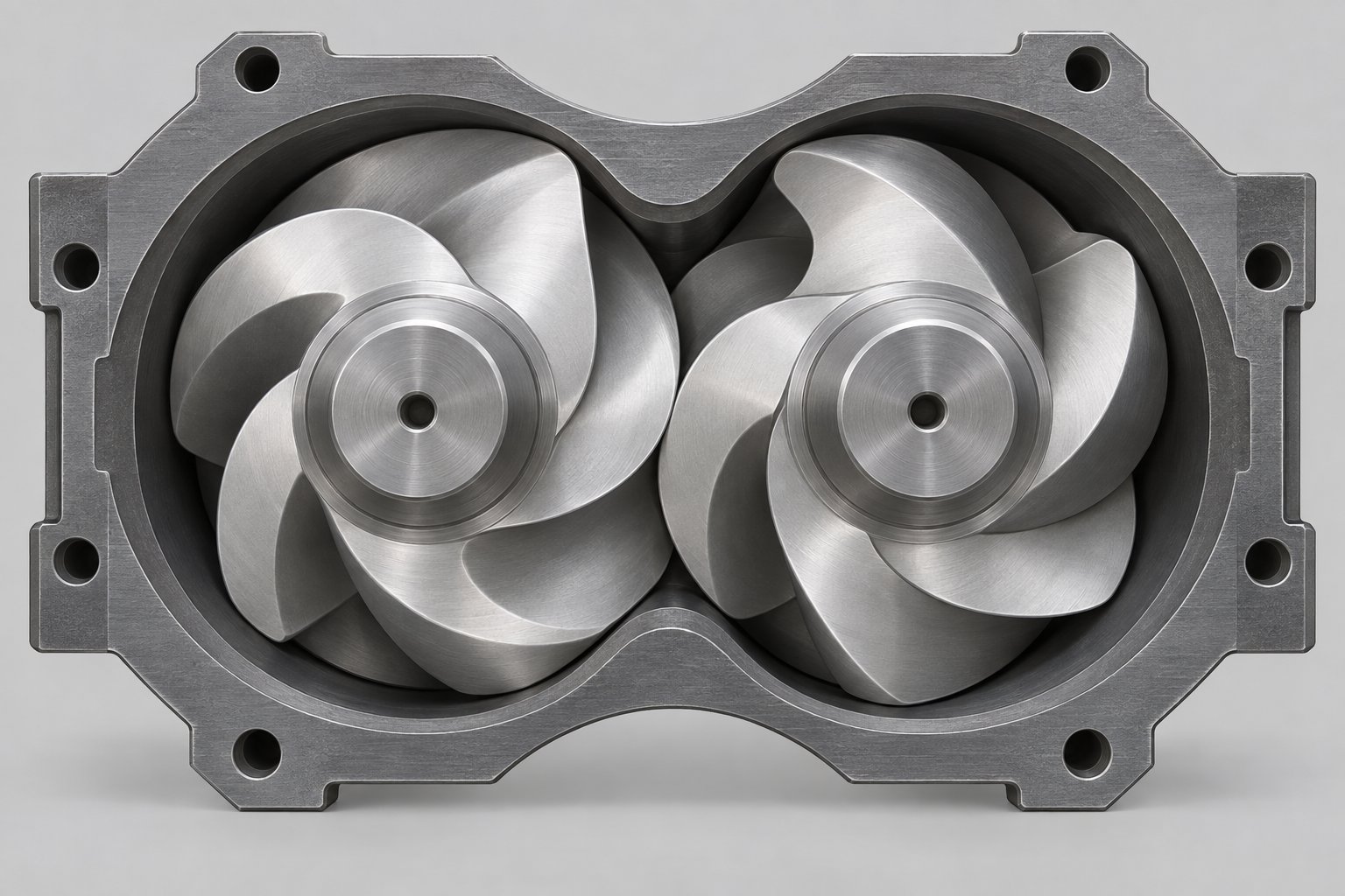 cross section of co rotating intermeshing twin screw profiles showing the self wiping erdmenger geometry inside the barrel bore
