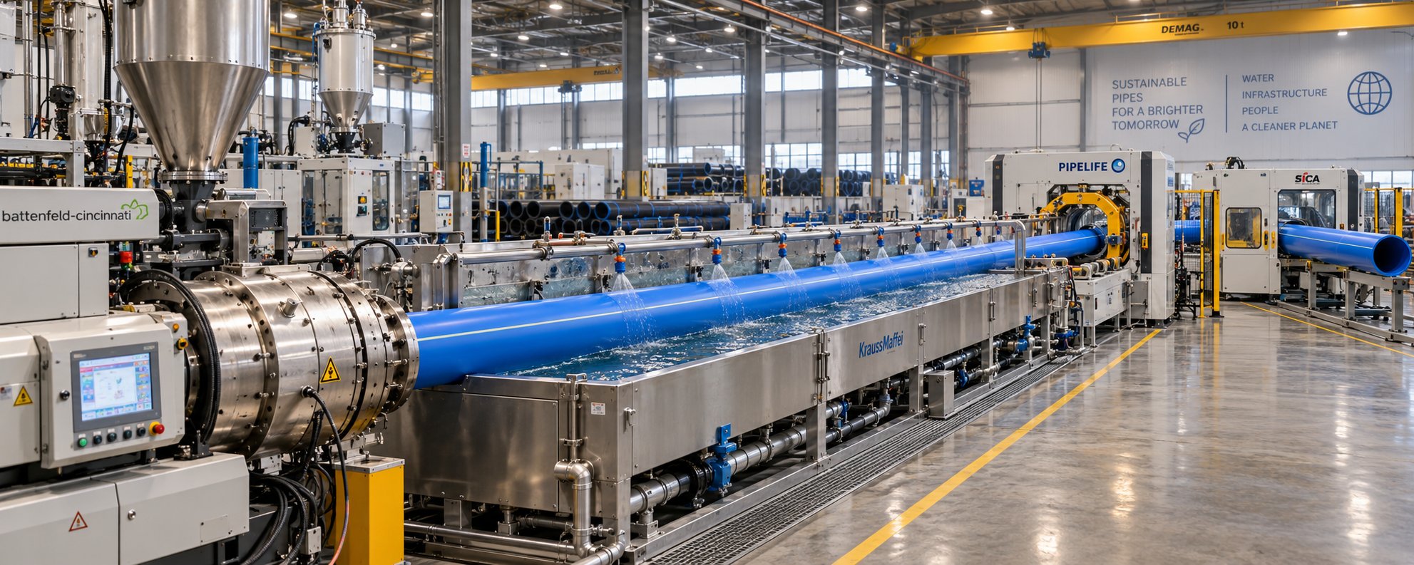 complete hdpe pipe extrusion line showing all stations from extruder to cutting and stacking