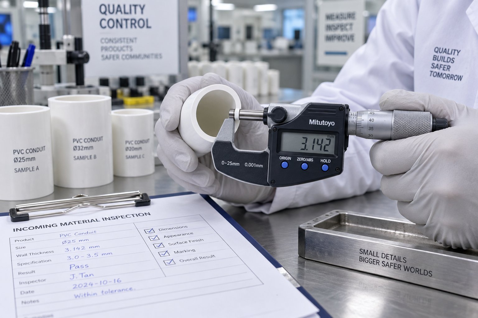 quality control inspection of pvc conduit pipe wall thickness using precision measurement instruments