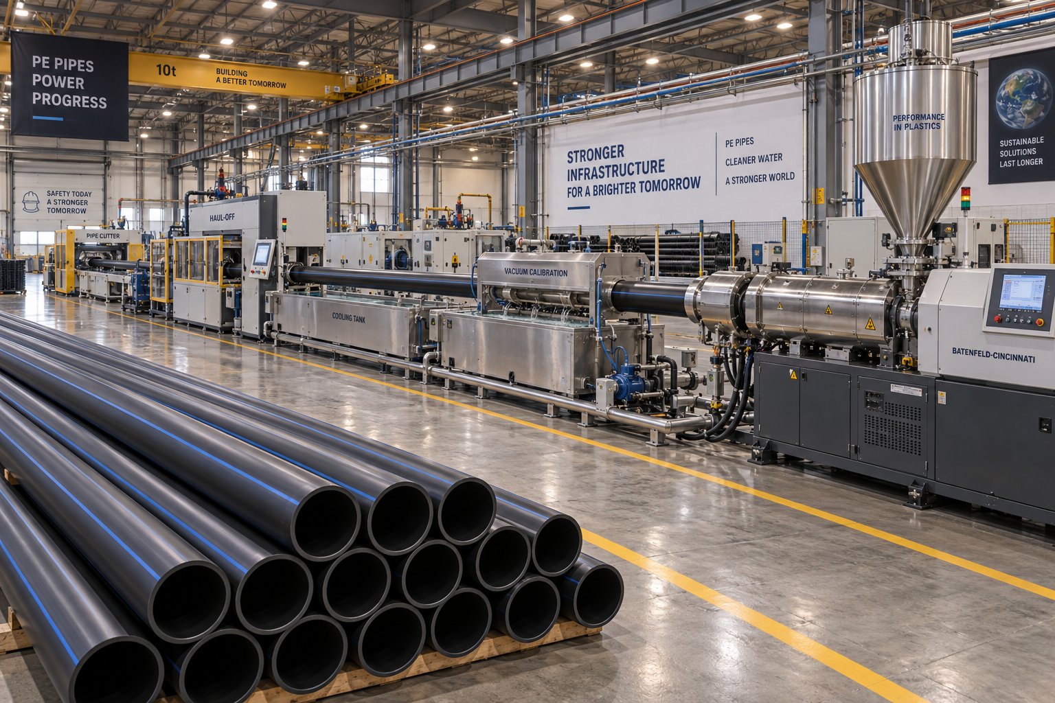 a complete pe pipe extruder machine production line from extruder barrel to finished pipe output