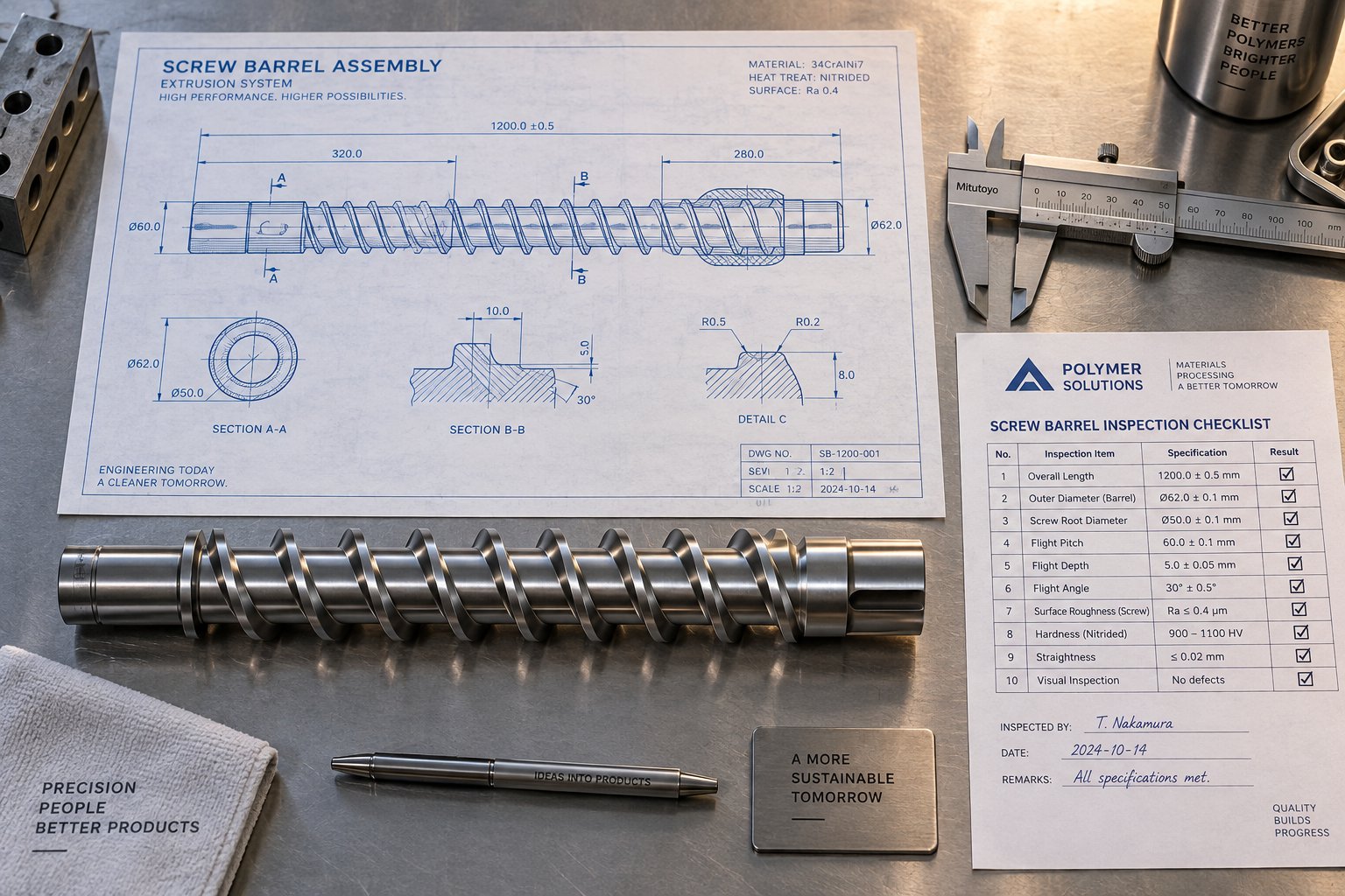 replacement screw barrel specification documents and measurement tools prepared for supplier communication