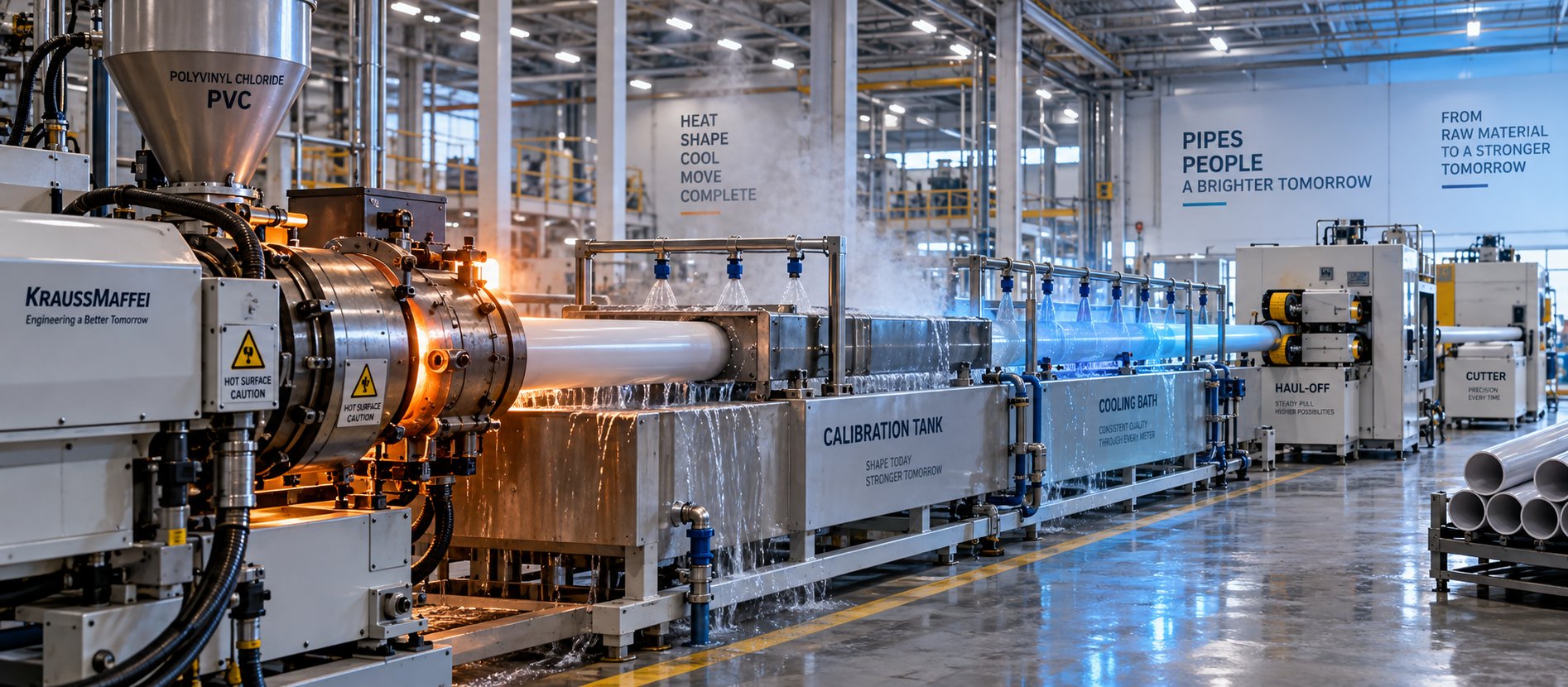 a complete pvc pipe making machine production line from extruder to cutter in a modern factory