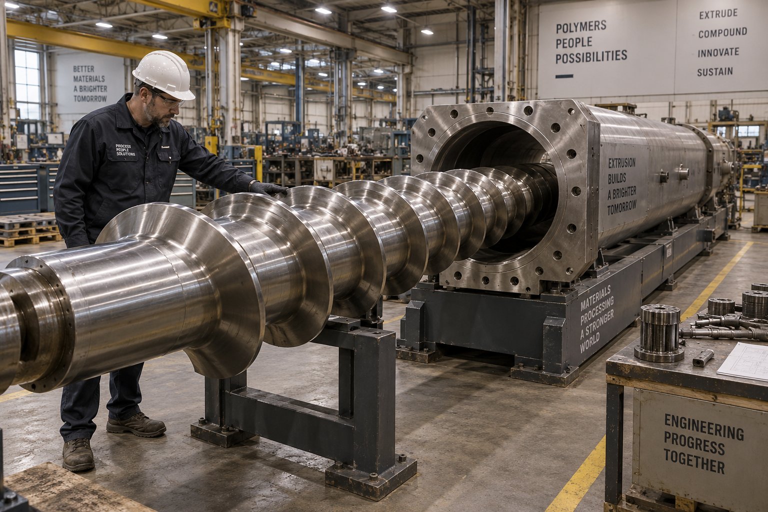 an engineer inspecting a single screw and barrel assembly %E2%80%94 the core components that determine pet melt quality and line performance