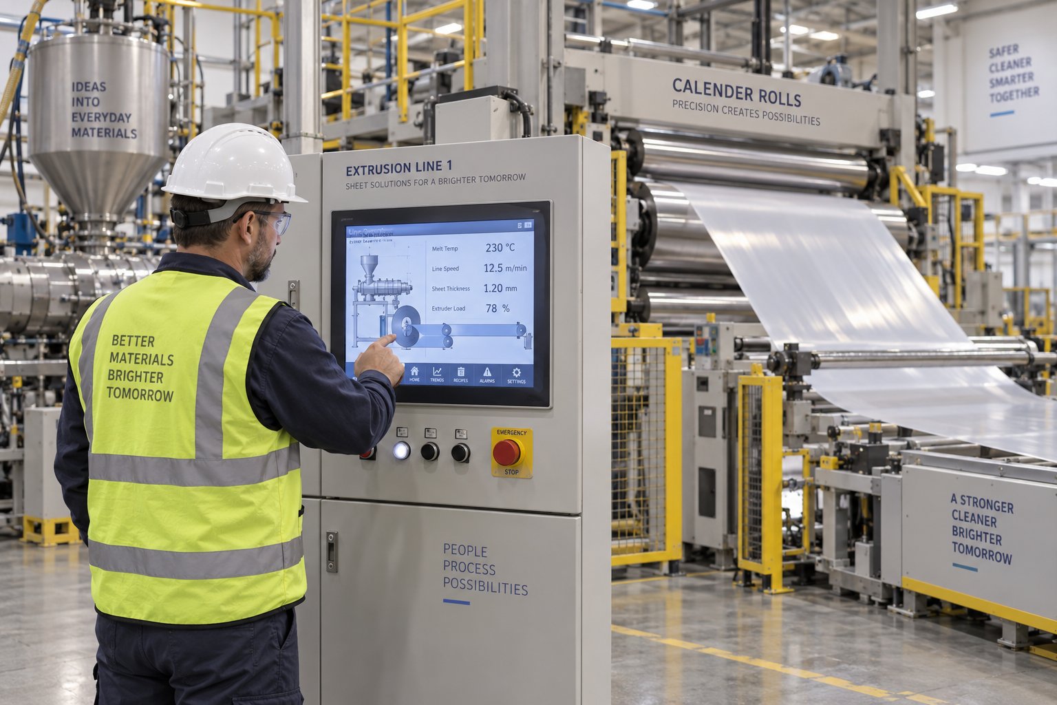 an operator evaluating sheet extrusion process parameters at the control panel during production line commissioning