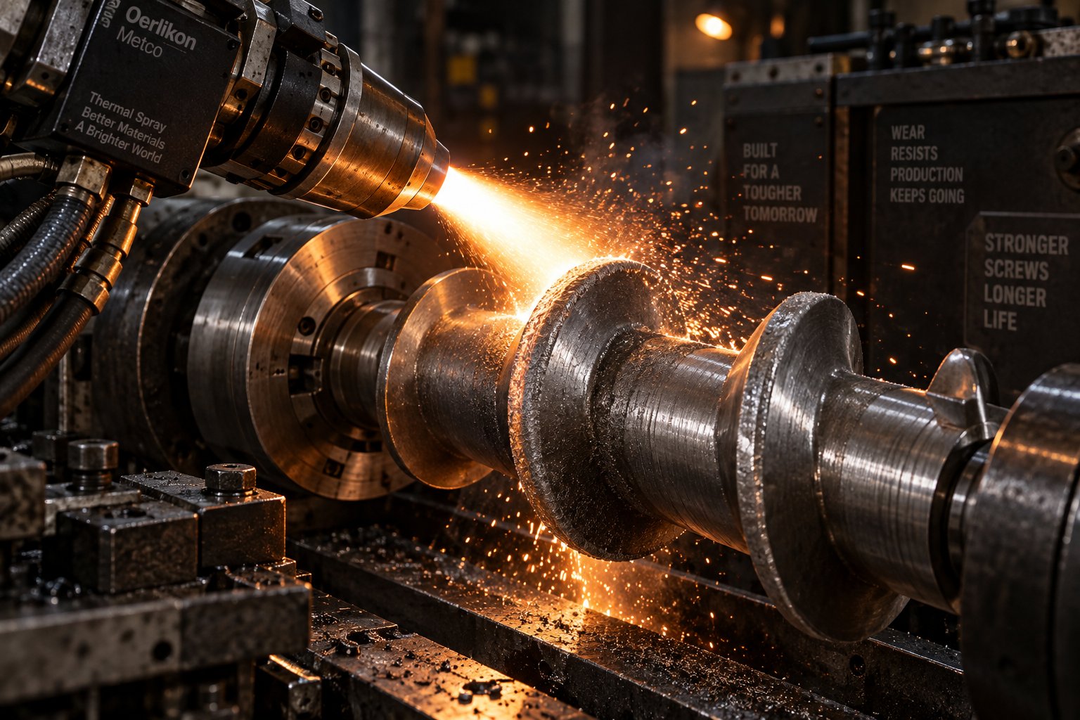 alloy spray welding deposits wear resistant material onto an extruder screw flight during a professional rebuild
