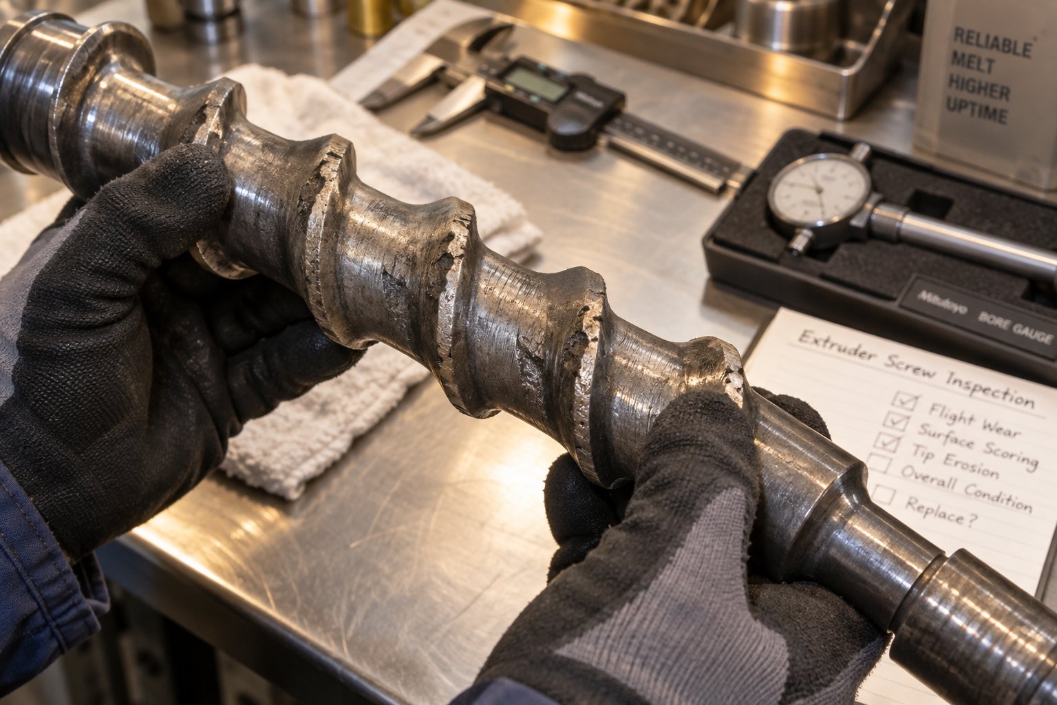 inspecting extruder screw wear patterns helps diagnose recycling extrusion quality problems