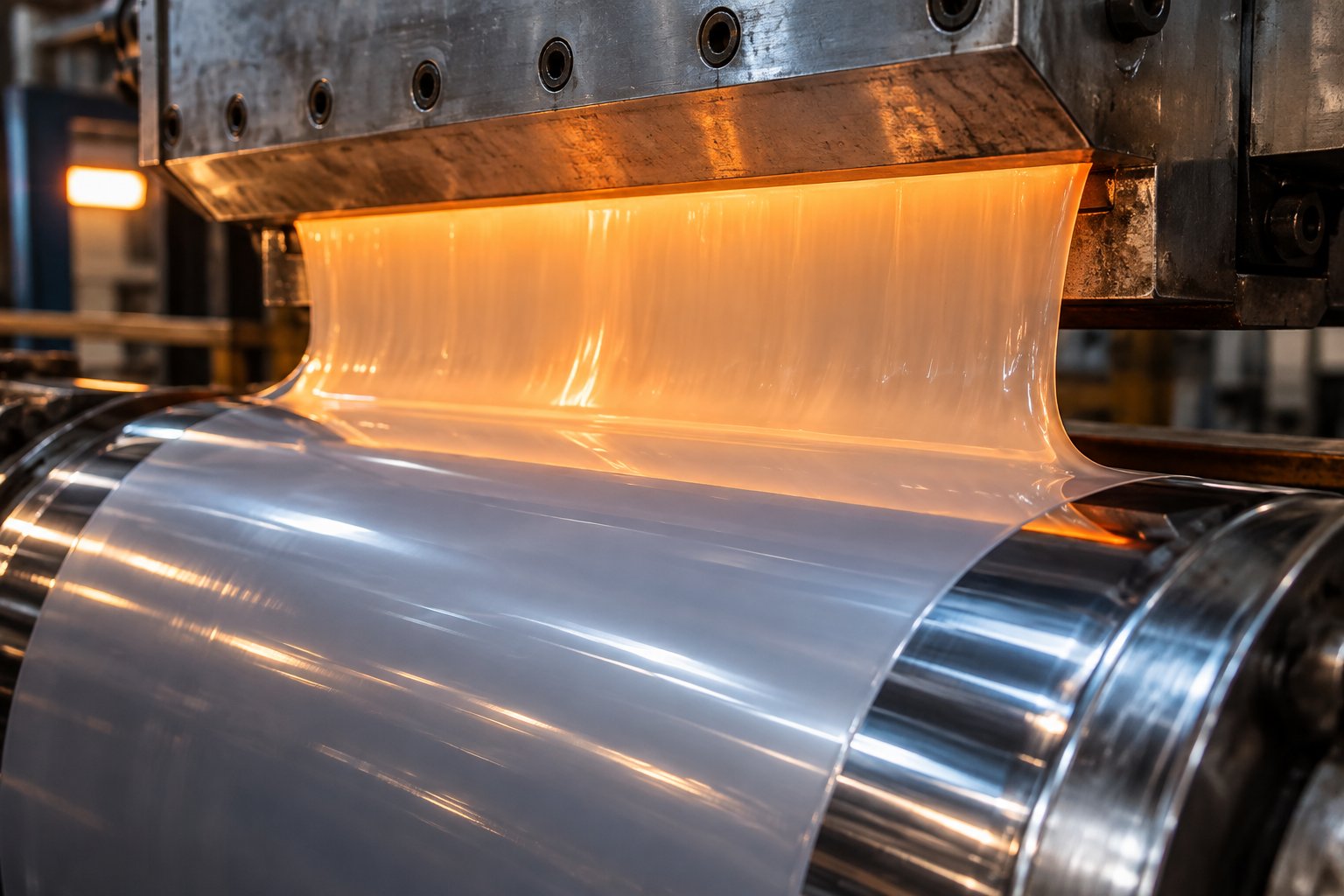 molten pet flowing from the flat die onto the chill roll stack where it solidifies into finished sheet