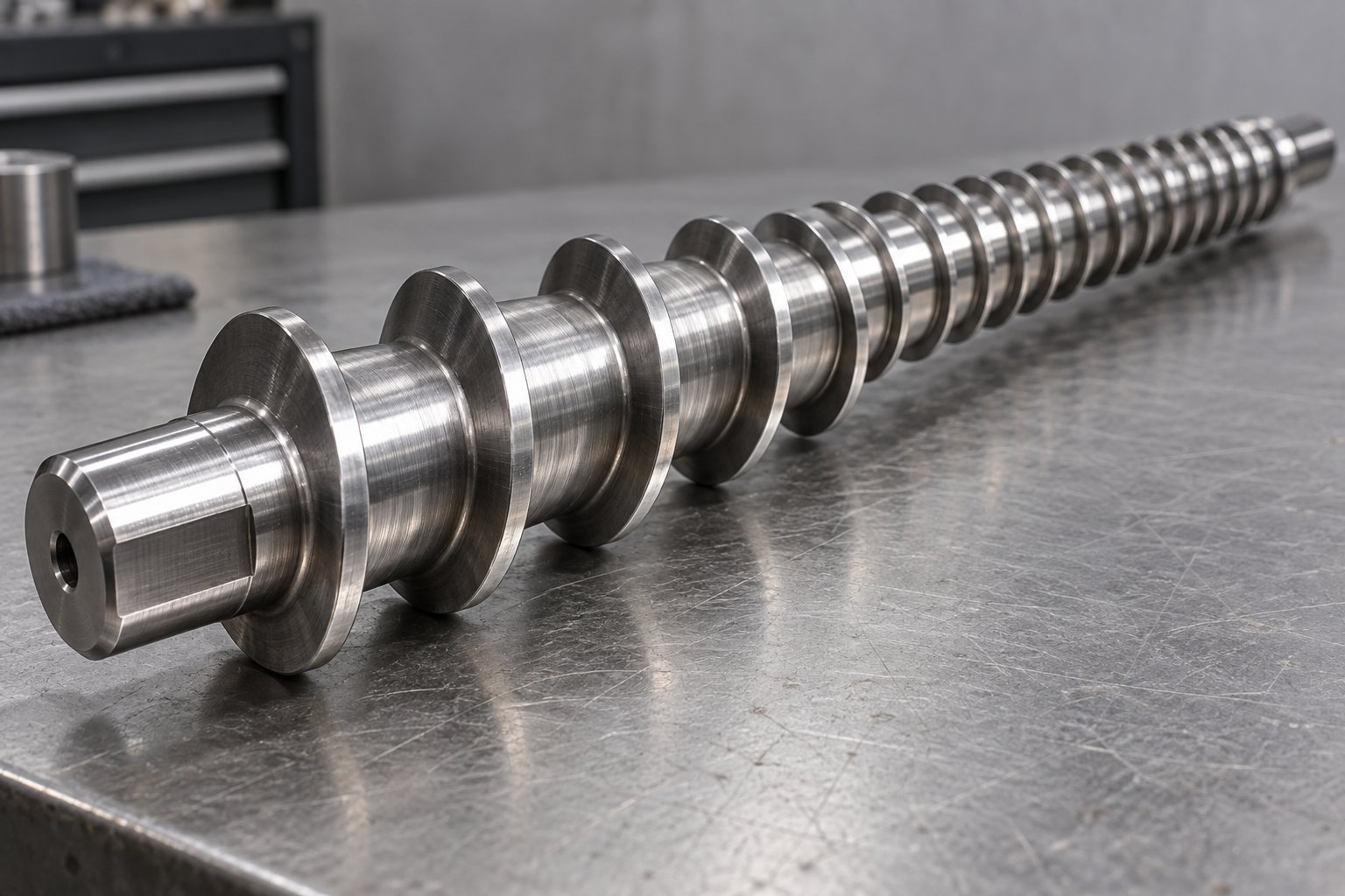 precision machined extruder screw showing varying flight depths that define compression ratio and melt quality