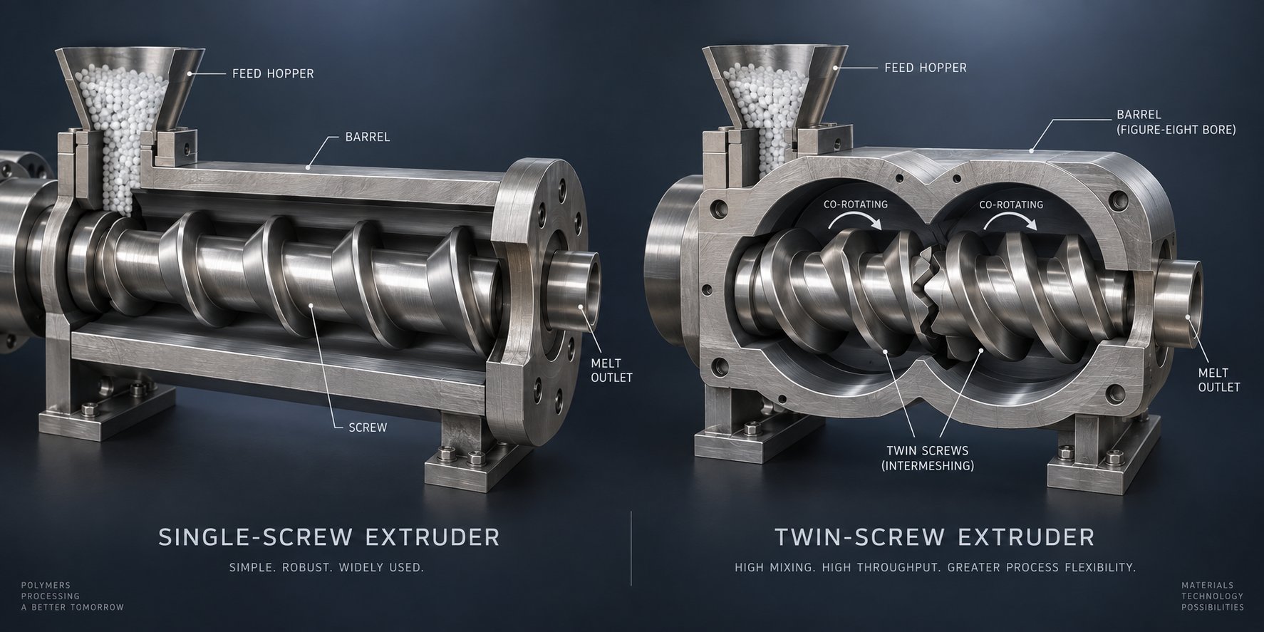 single screw vs twin screw extruder barrel cross sections showing the fundamental design differences for recycling applications