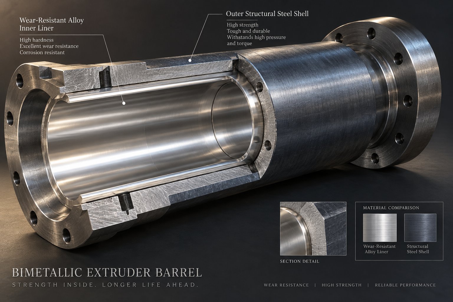 cross section of a bimetallic extruder barrel showing the wear resistant alloy liner bonded to the steel shell