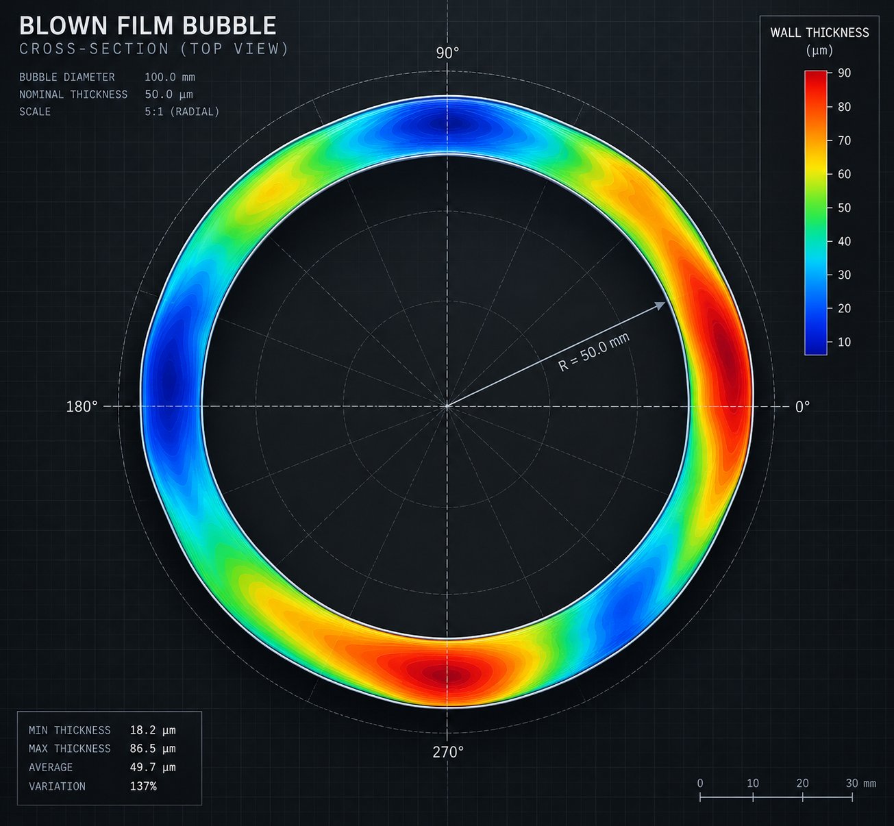 cross section of a blown film bubble showing circumferential thickness variation with thin and thick zones around the circumference