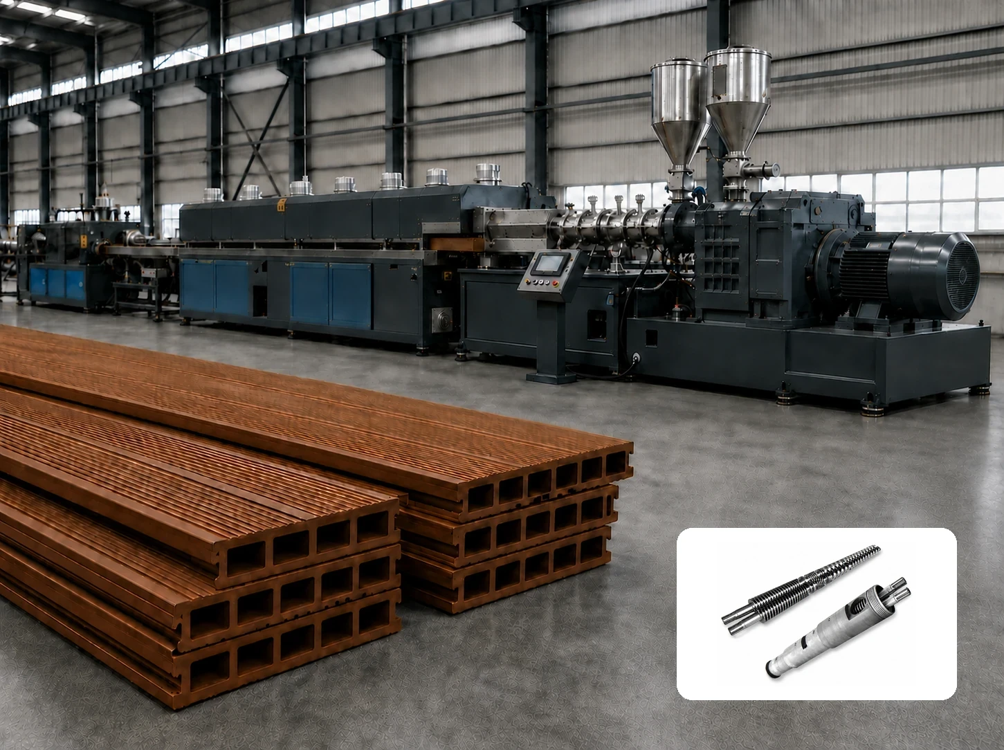 WPC decking extrusion line with finished wood plastic composite profiles and a conical twin screw barrel assembly