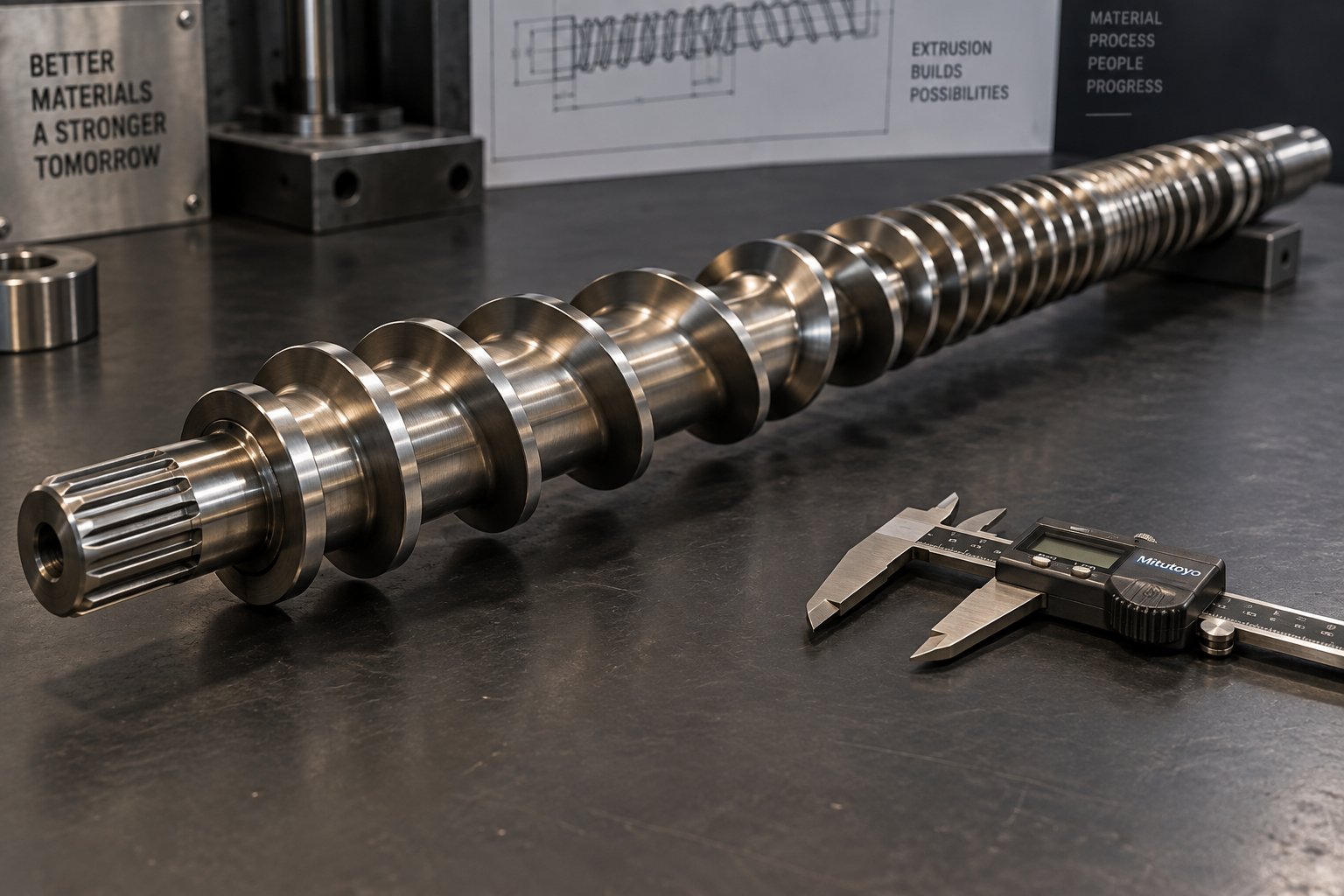 extruder screw showing varying flight depths across feed transition and metering zones critical to melt quality