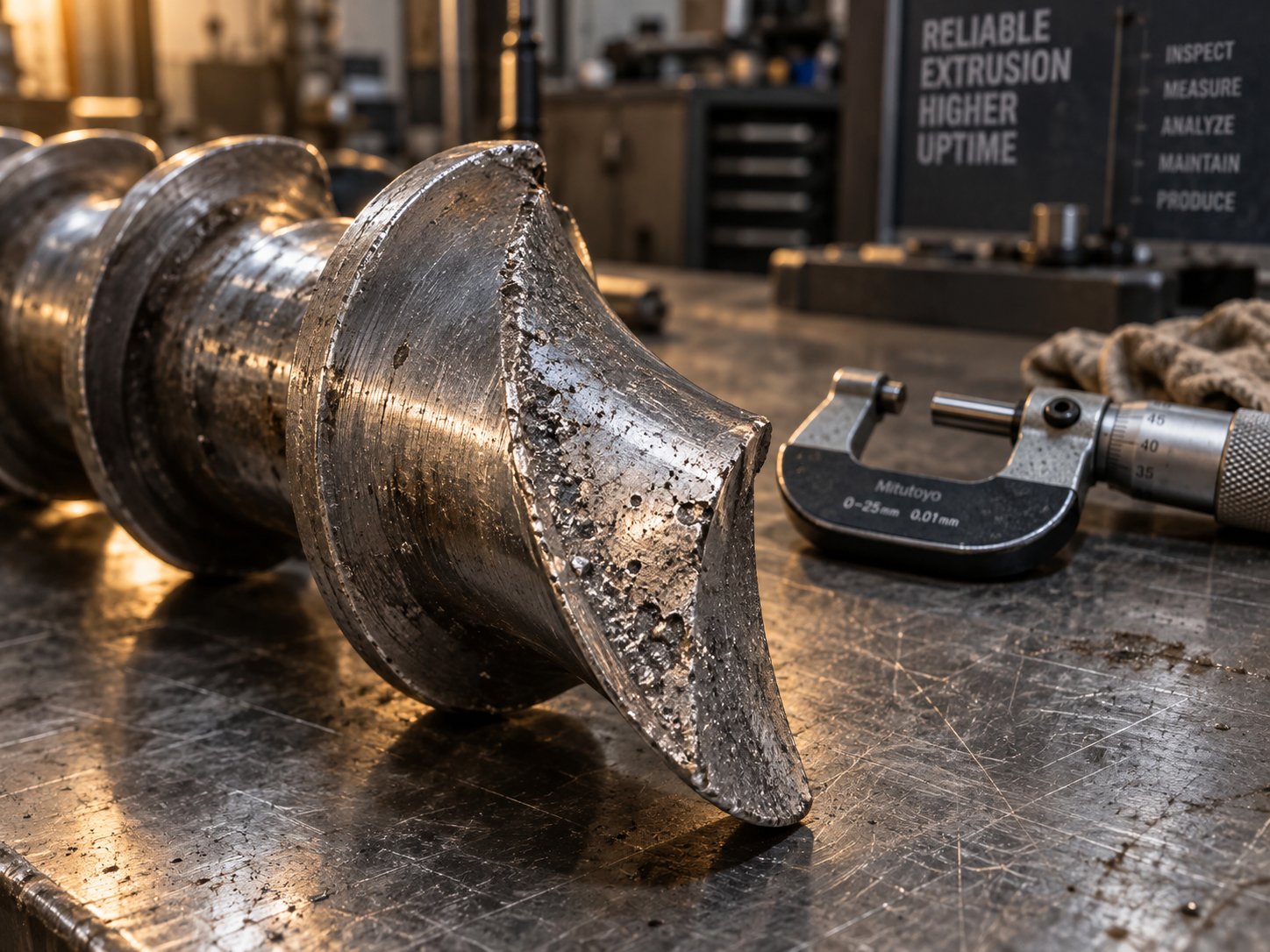 worn extruder screw flight showing abrasive wear patterns common in filled pe processing