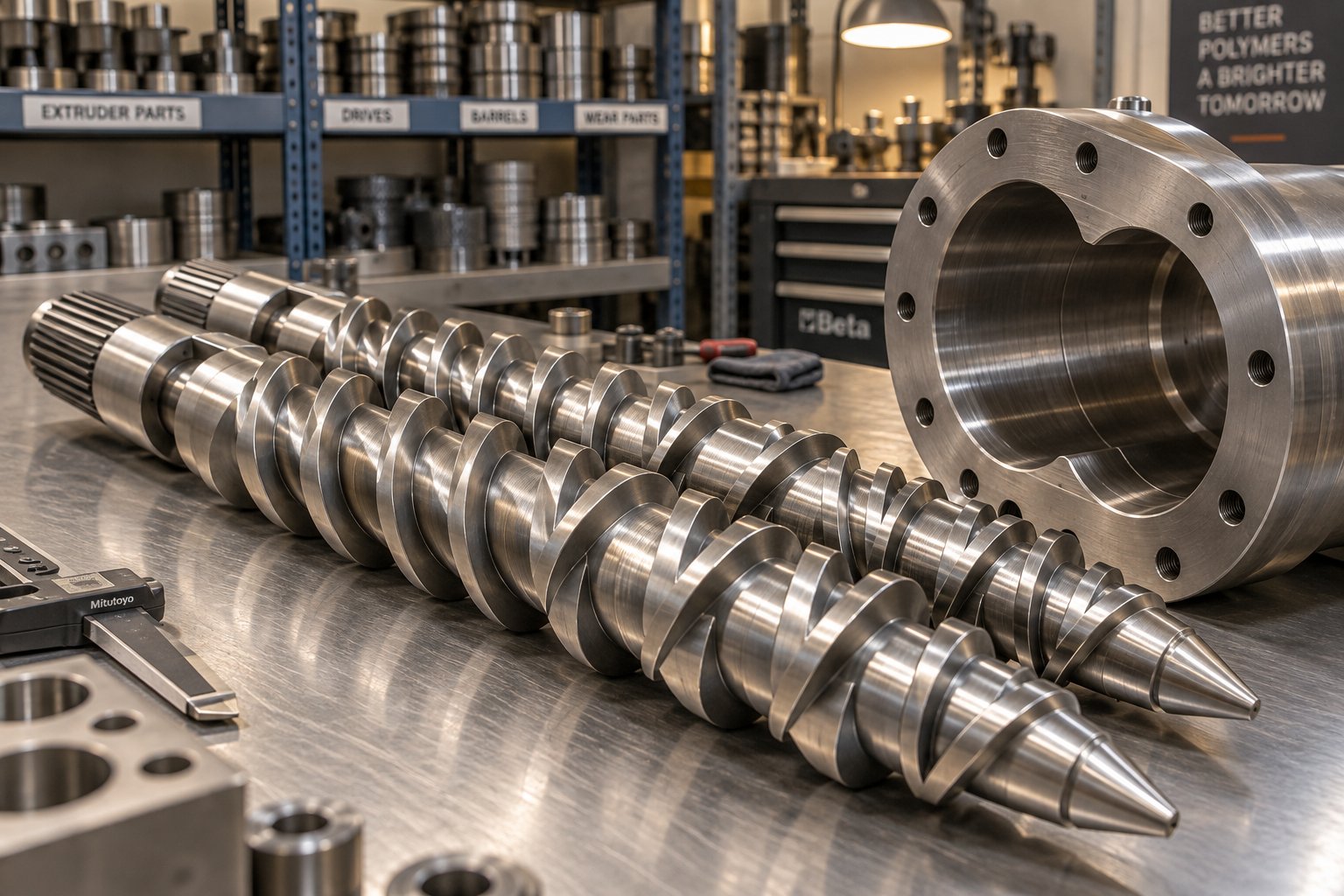 conical twin screw assembly showing the tapered geometry essential for stable pvc plasticization