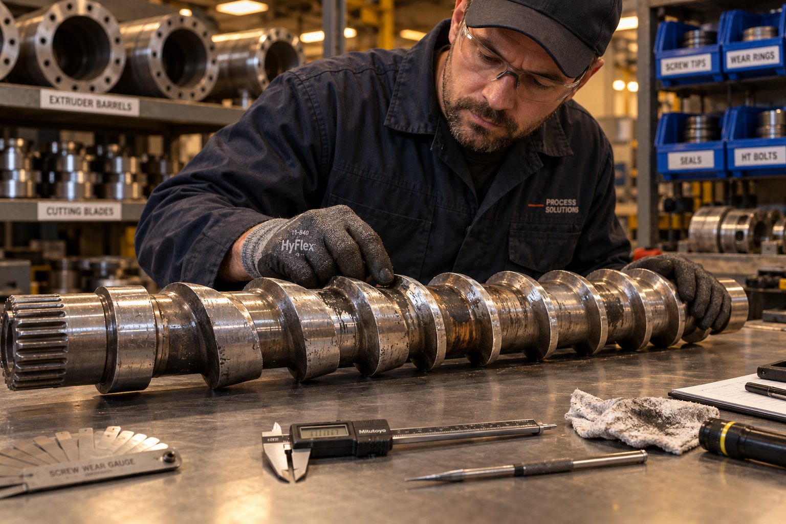 technician inspecting extruder screw wear during a scheduled pelletizing line maintenance overhaul