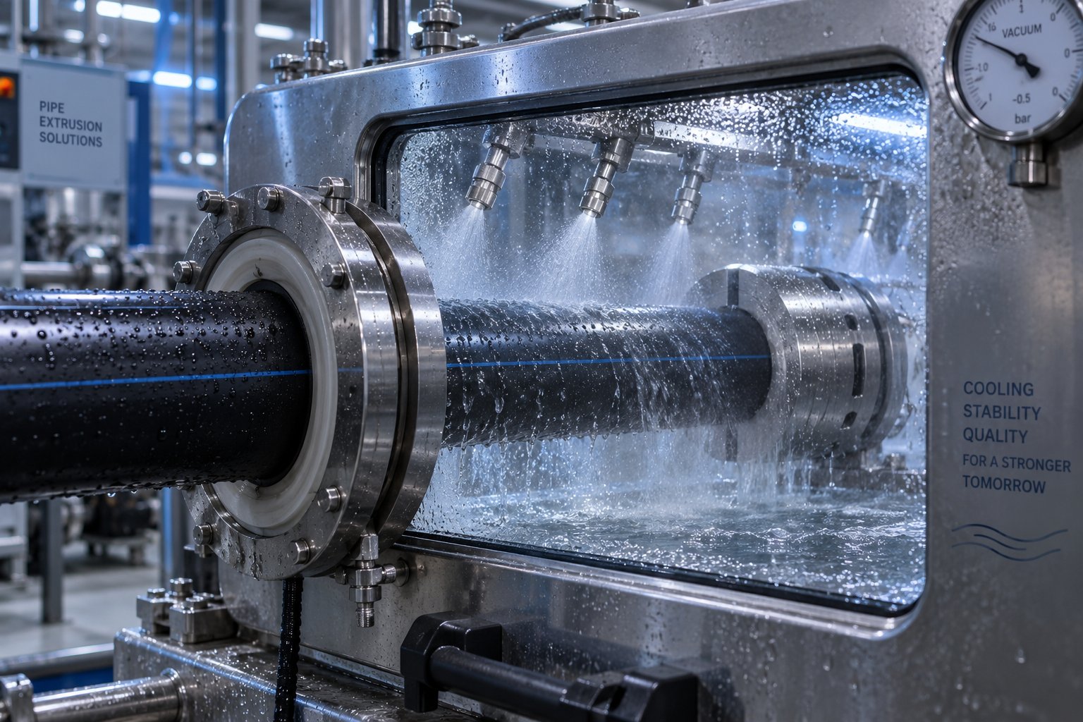 vacuum calibration tank sizing a freshly extruded pe pipe against a precision sleeve with water cooling