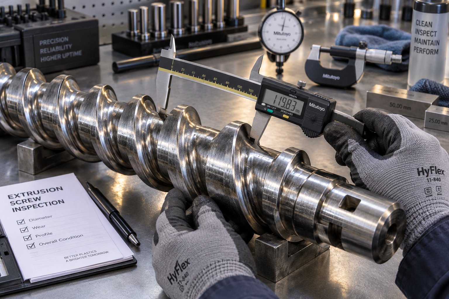 technician measuring extrusion screw flight diameter during routine pipe machine maintenance inspection