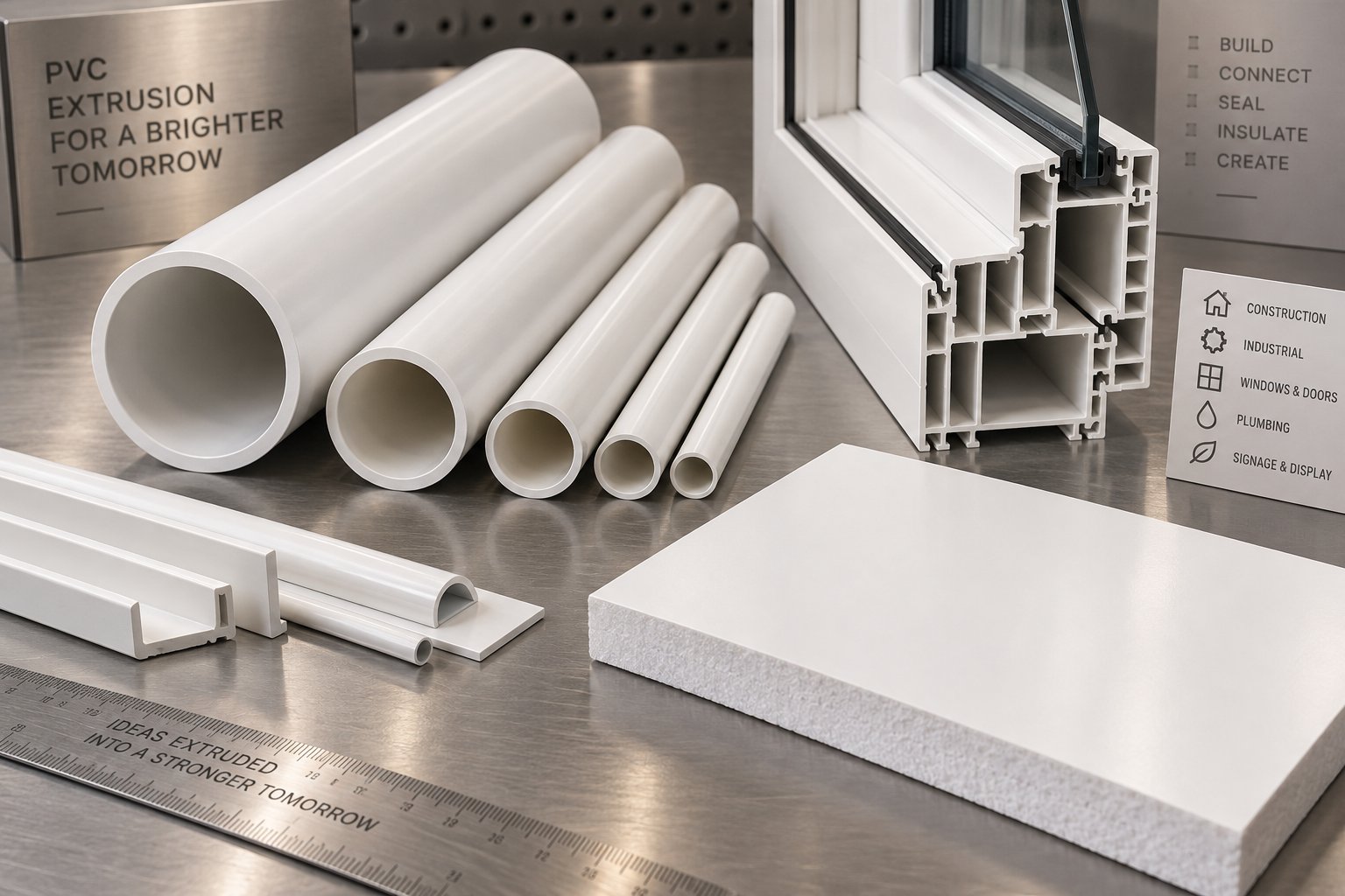 typical pvc products manufactured using conical twin screw extrusion including pipes profiles and foam board