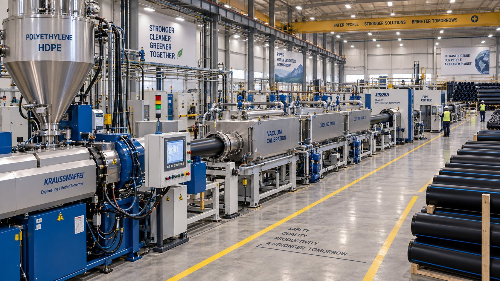 a complete hdpe pipe production line from extruder to pipe stacking in a modern factory setting