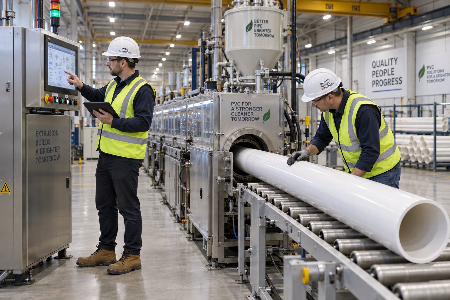 engineers conducting a factory acceptance test on a pvc water pipe extrusion line before shipment