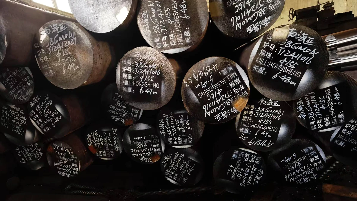 Stacked round steel stock with handwritten markings on the cut ends