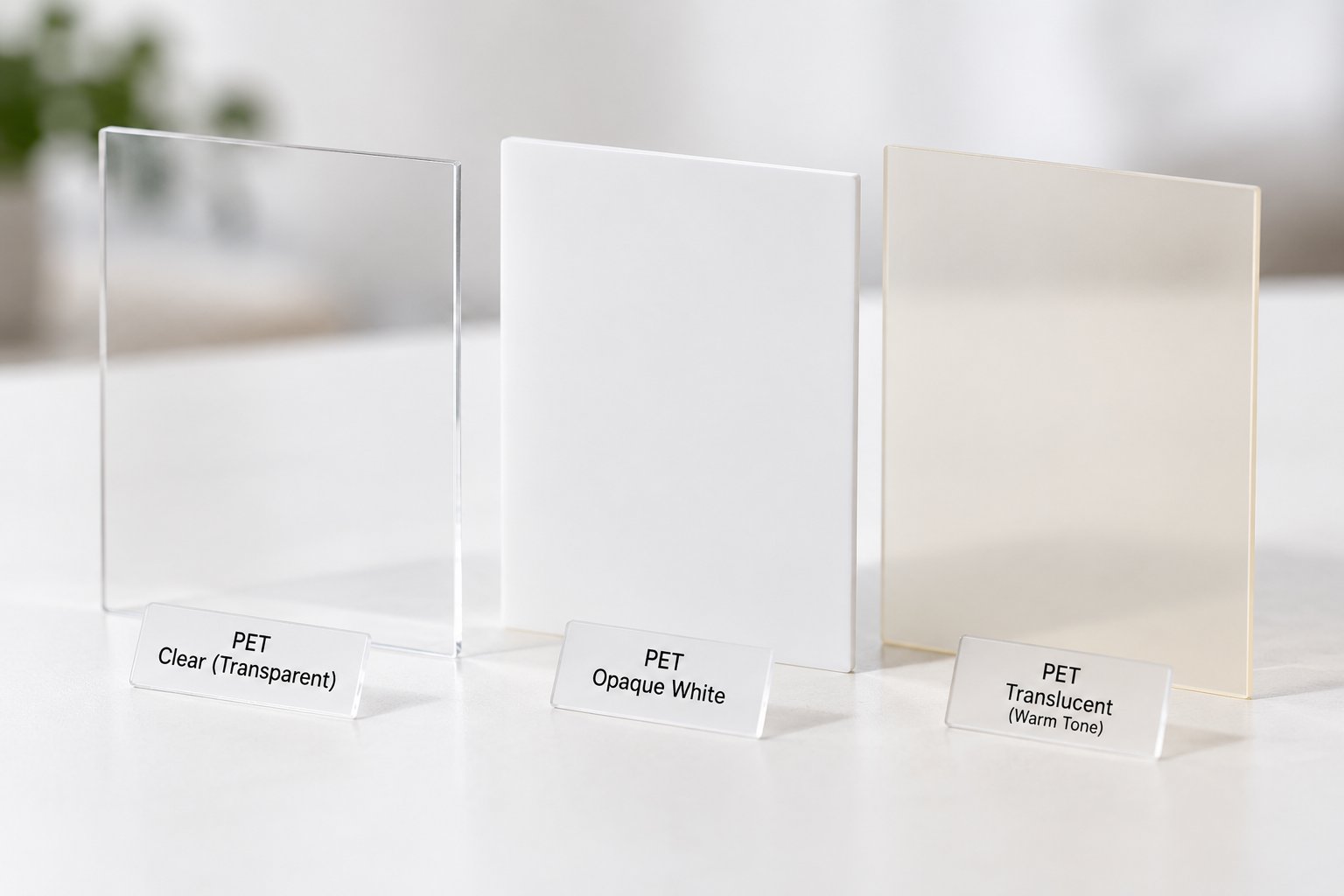 visual comparison of amorphous (clear) crystalline (opaque) and glycol modified pet sheet types