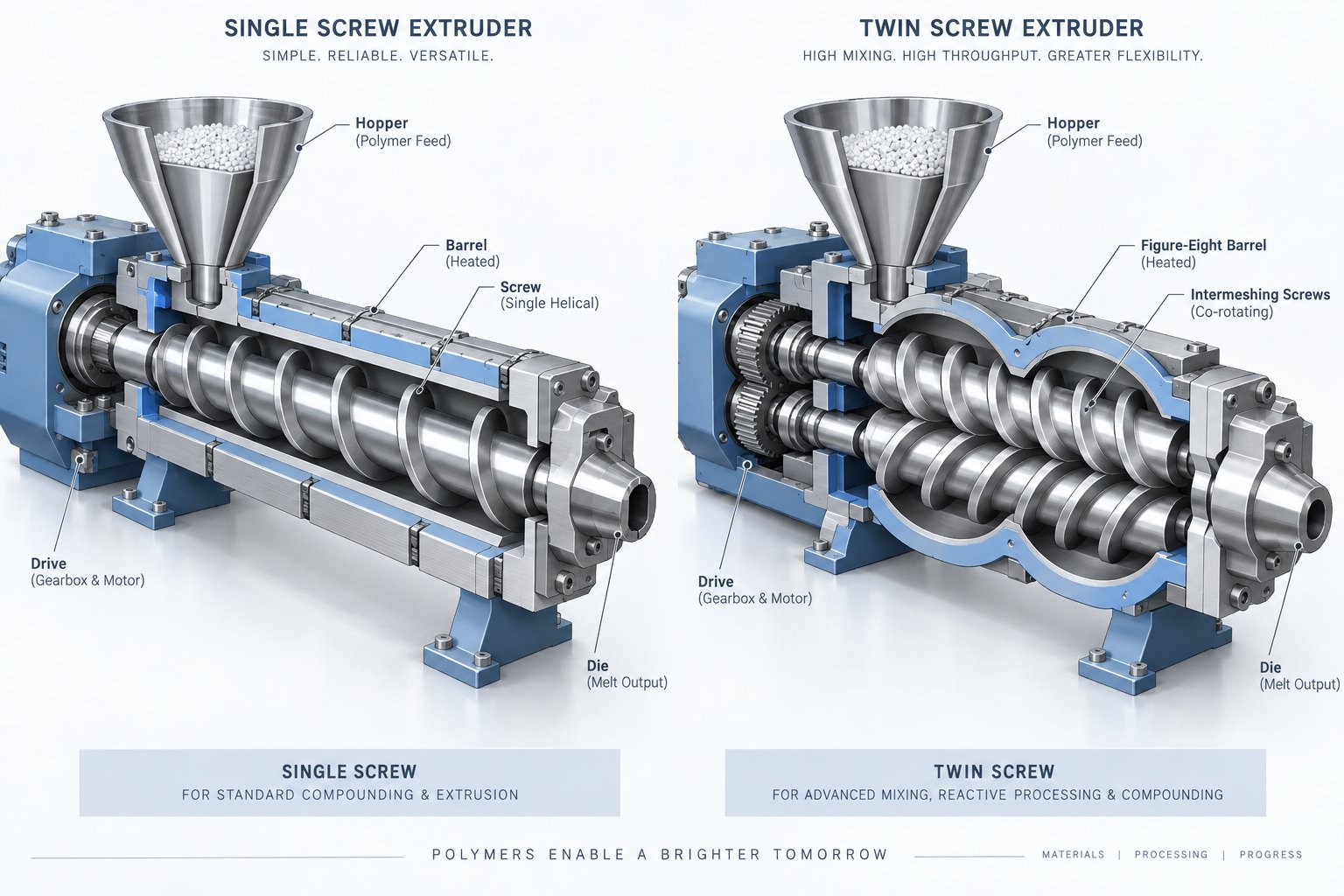 cross section comparison of single screw and twin screw barrel configurations used in plastics processing