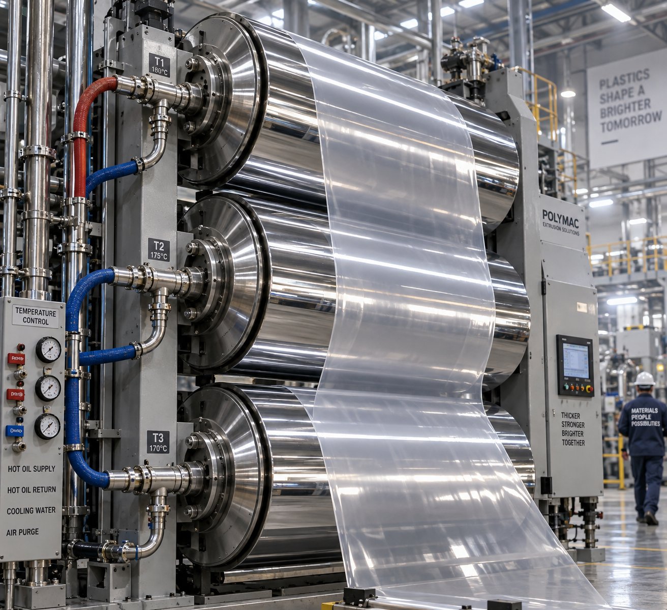 a three roll polishing chill stack that quenches sets thickness and controls surface finish of freshly extruded plastic sheet