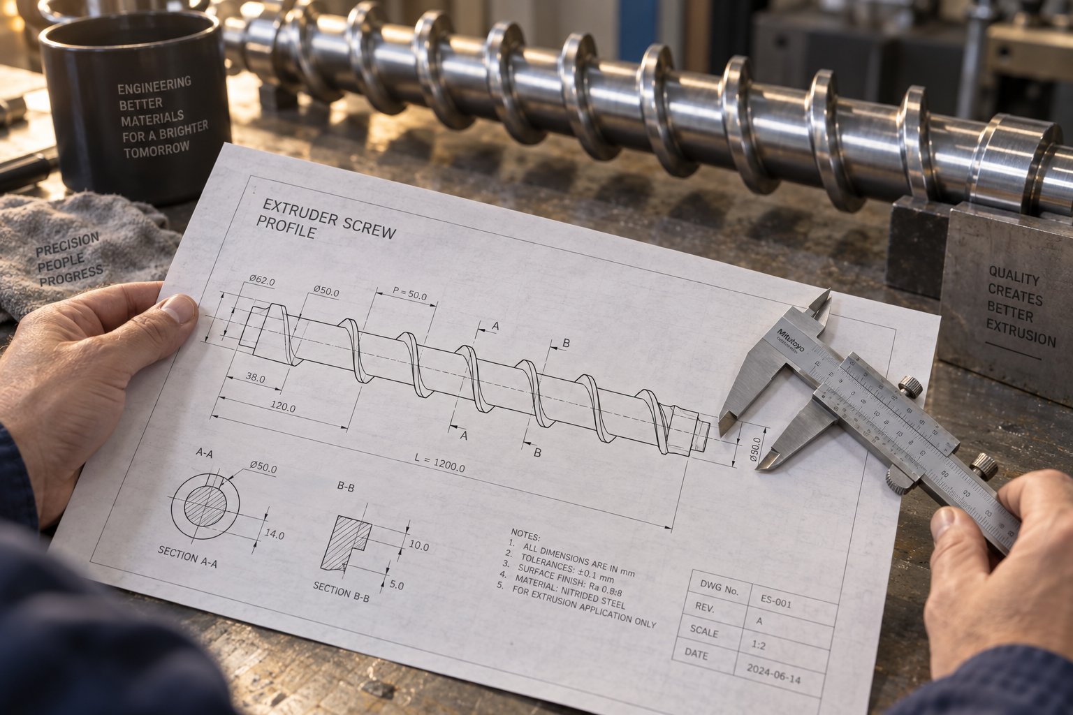 engineer reviewing extruder screw specifications and dimensional measurements essential steps for accurate quote requests and supplier evaluation