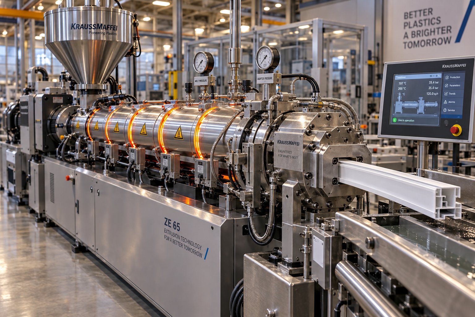 a complete extrusion machine system from hopper to die illustrating the continuous process that transforms raw pellets into finished profiles