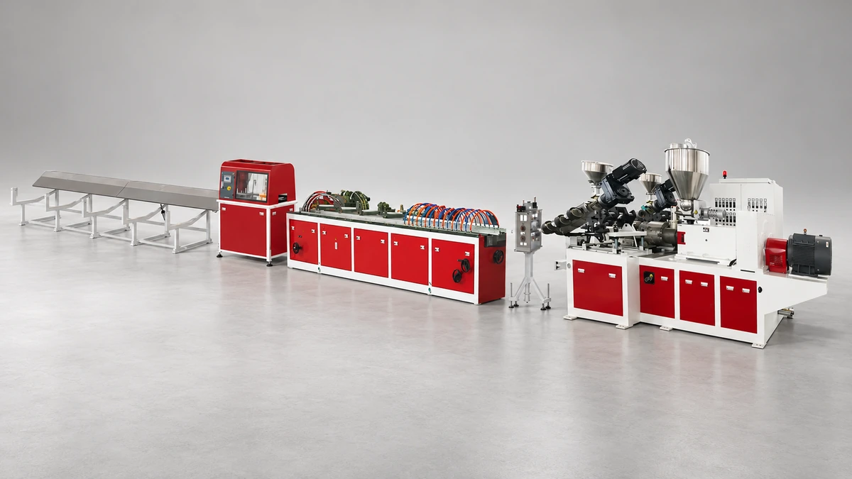 Extruder with a feed hopper and red-and-white downstream handling units on a white background.