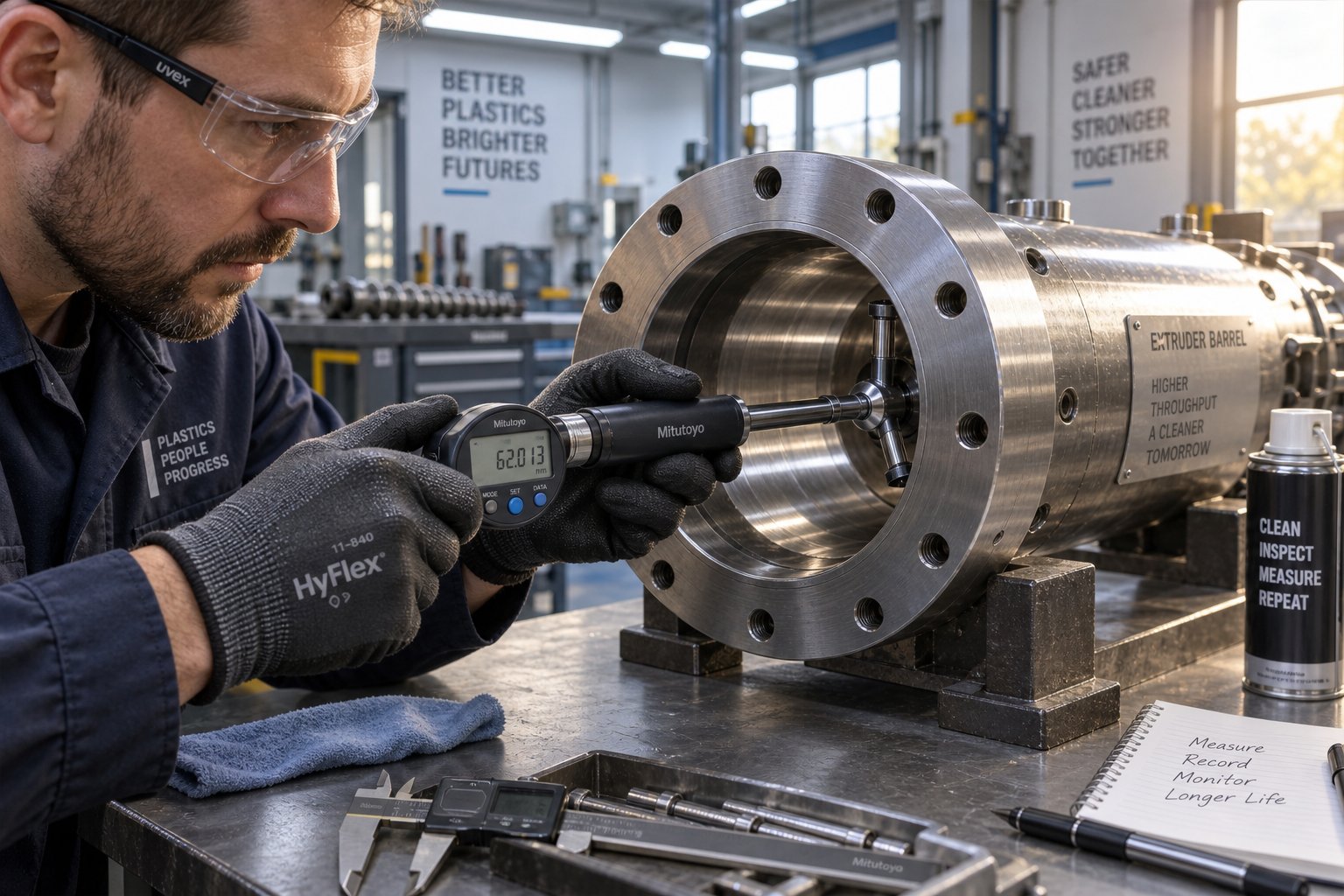technician performing barrel bore gauge measurement to confirm wear and check dimensional tolerances